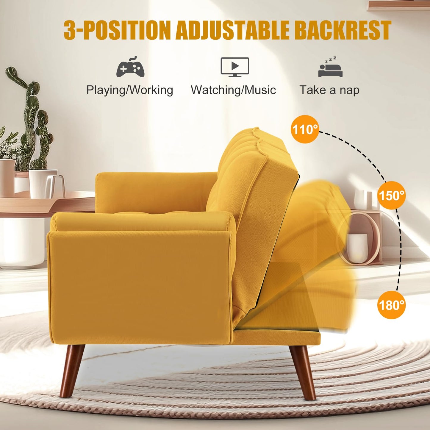 Convertible Futon Couch Bed, Sleeper Sofa Bed with Adjustable Backrests