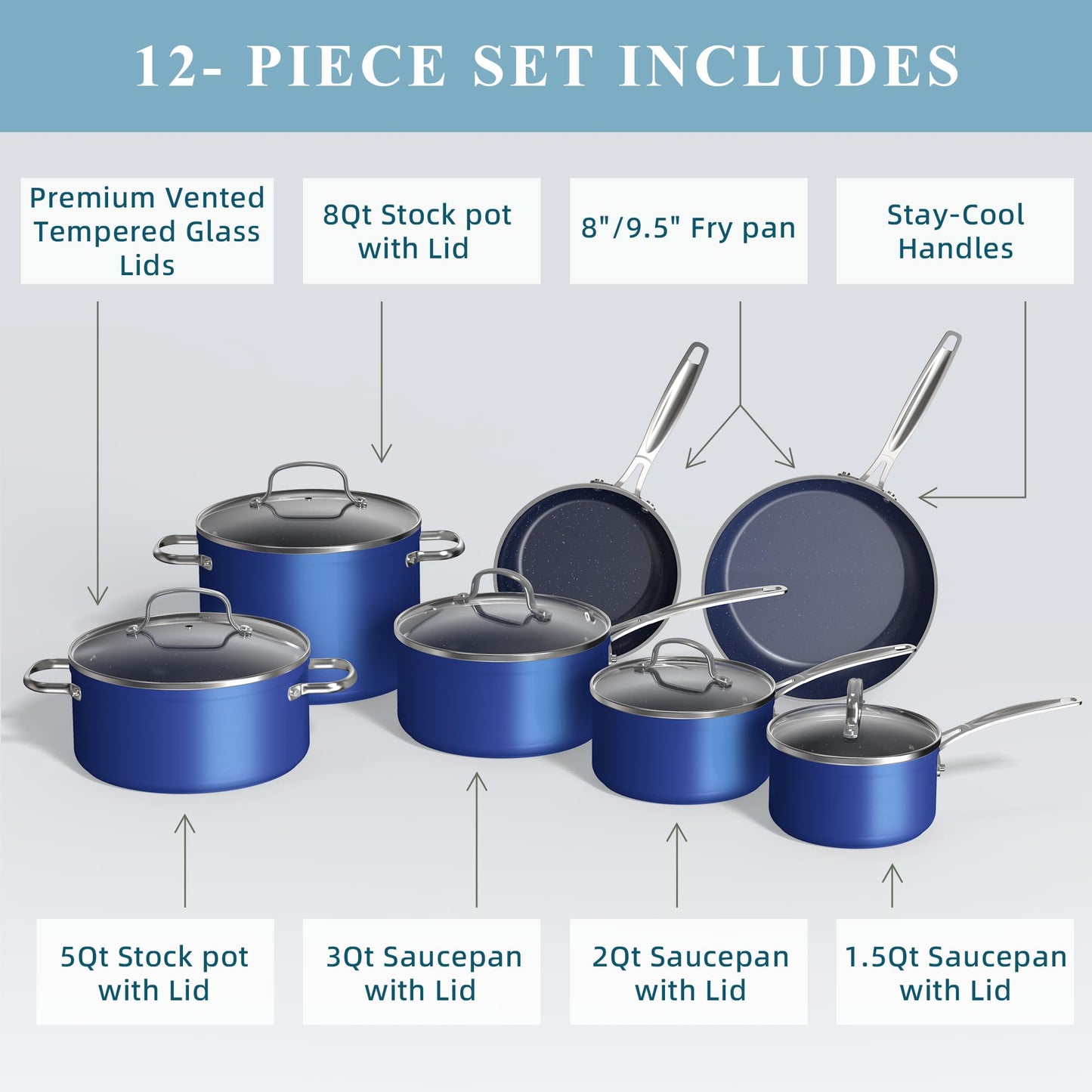 Ceramic Nonstick Cookware Set, Diamond Infused Scratch-Resistant