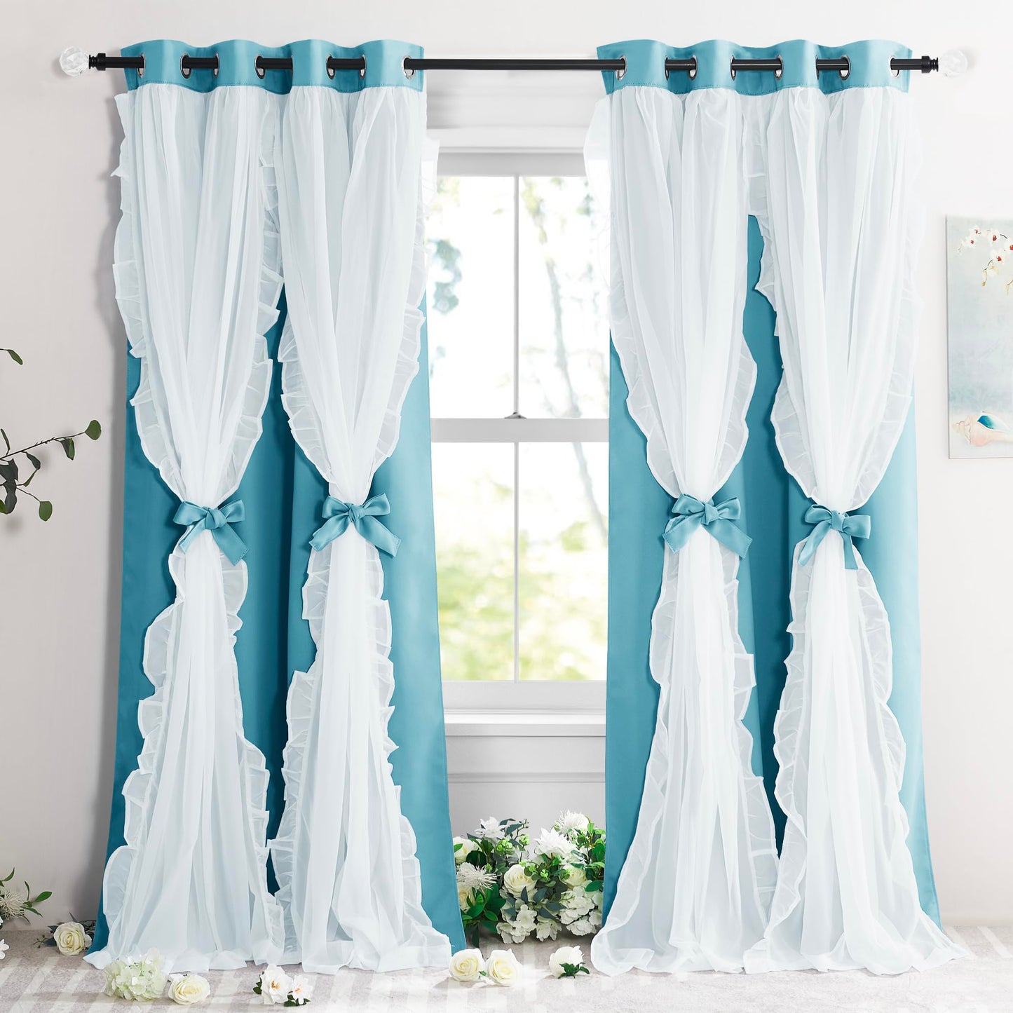 Blackout Window Treatment Double Layer Drapes Ruffle Sheer Overlay 2 Panels