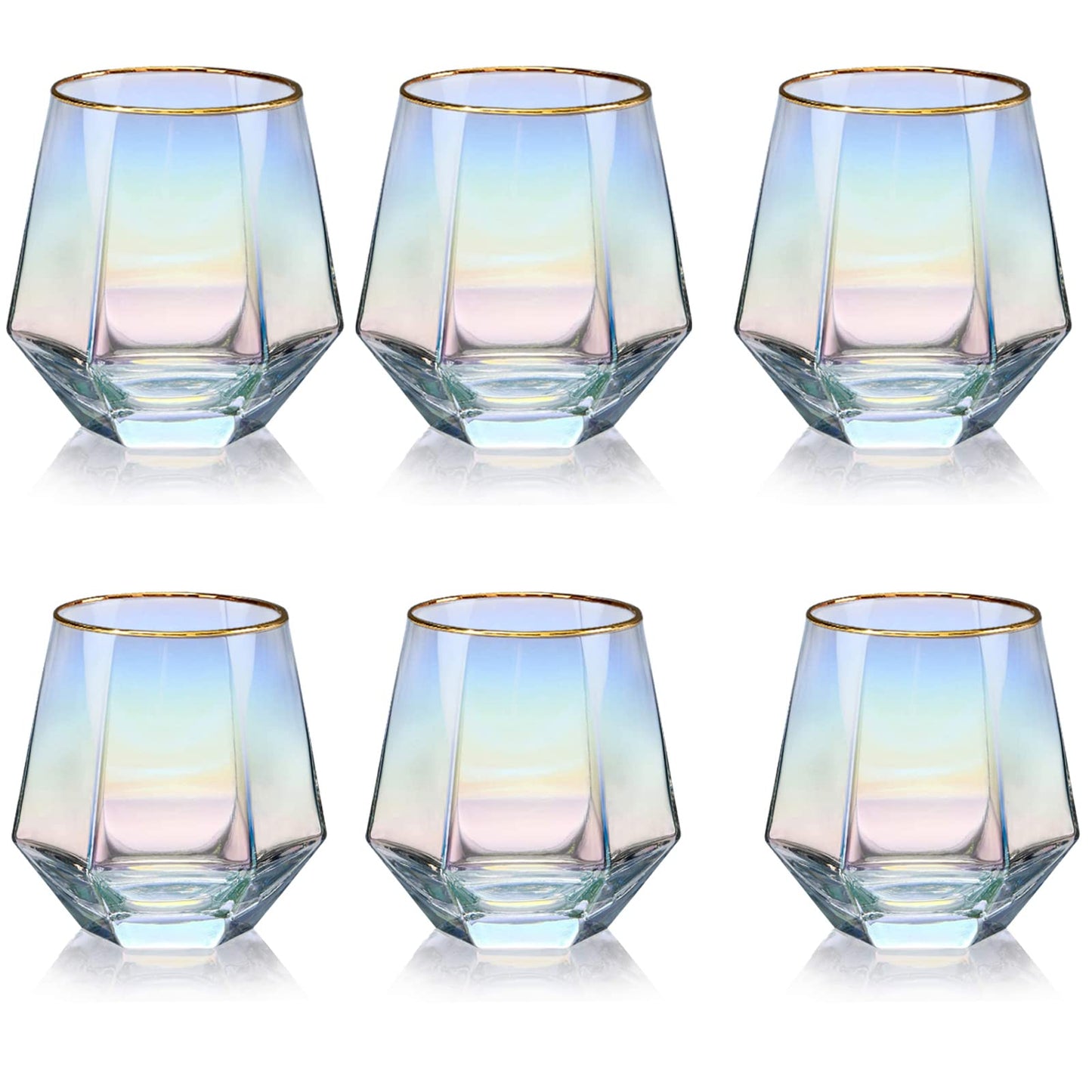 Diamond Wine Glass Set of 2, 10 OZ Modern Stemless Gold Rim