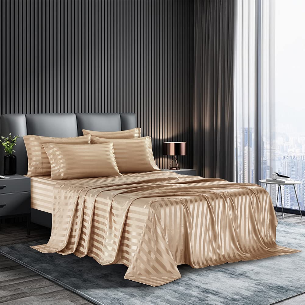 6 Piece Satin Italian Style Bed Sheet Set Deep Pocket Stripes 1800 Luxury Rich Silk