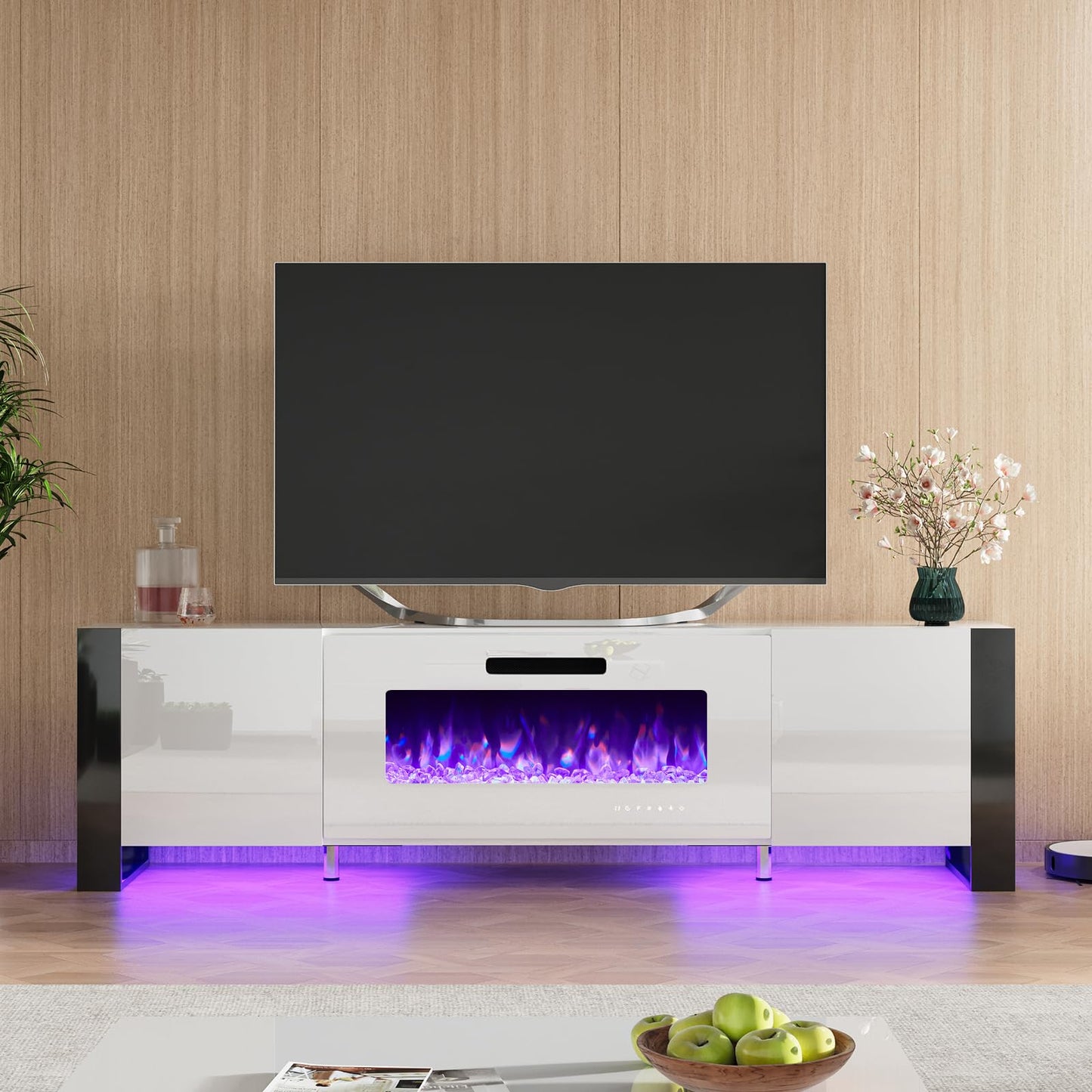 Fireplace TV Stand with 36" Fireplace, 70" Modern High Gloss Entertainment Center