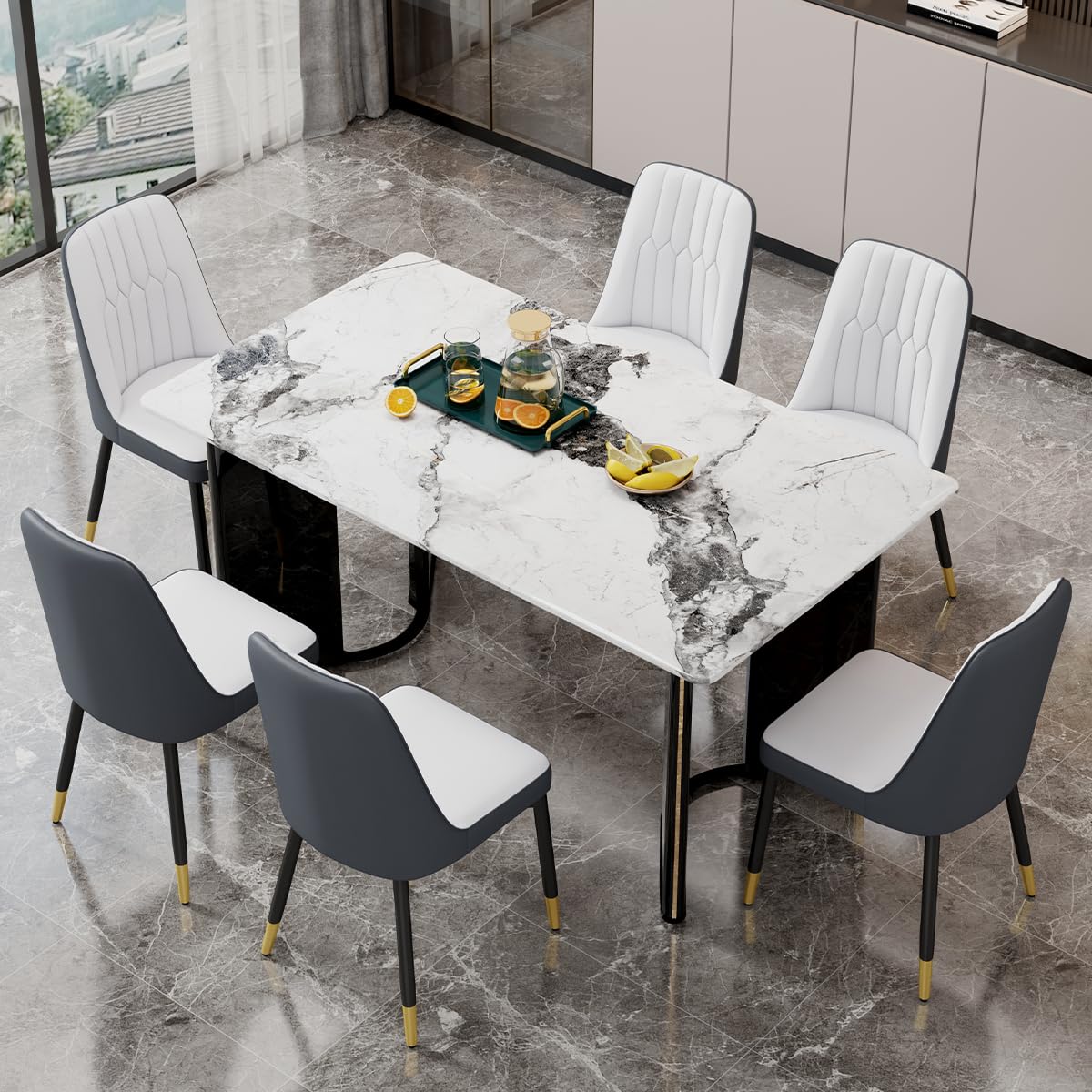 Dining Table Set for 6, White Faux Marble Pattern Table with 6 Modern Dining Chairs