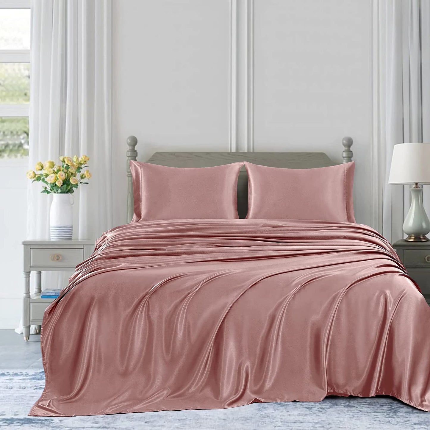 4pcs Satin Sheets Set Luxury Silky Satin Bedding Set with Deep Pocket