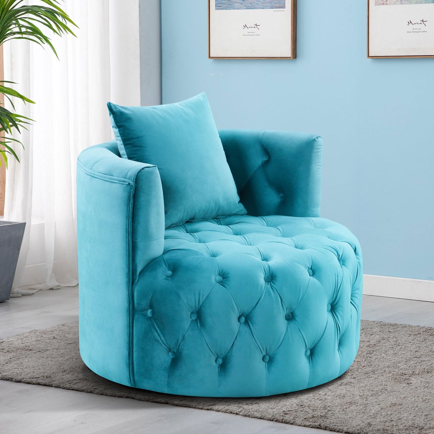 Swivel Barrel Chair with Velvet Fabric with Plump Pillow