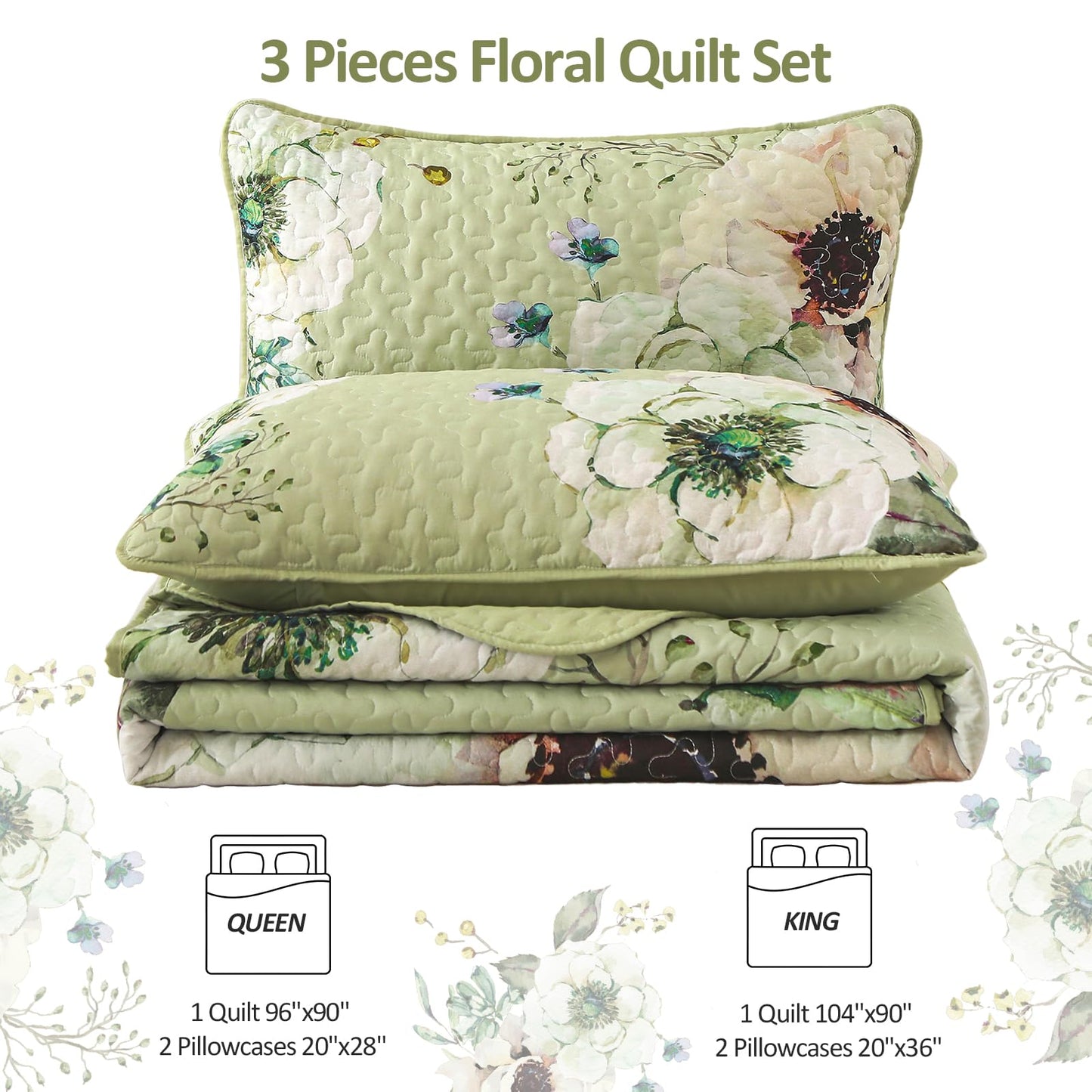 Purple Floral Quilt Set Queen Size, 3 Pieces Botanical Flower Printed