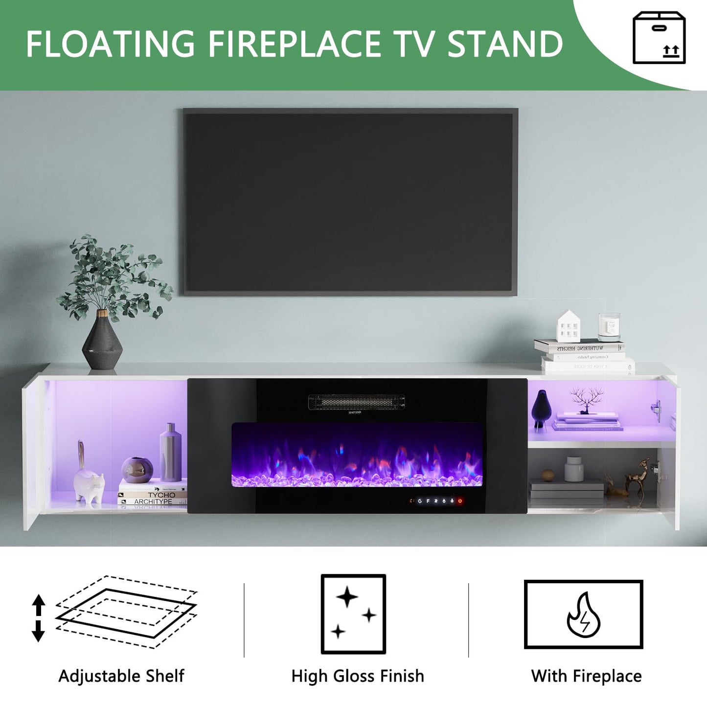 High Gloss Living Room Entertainment Center Including Floating Fireplace