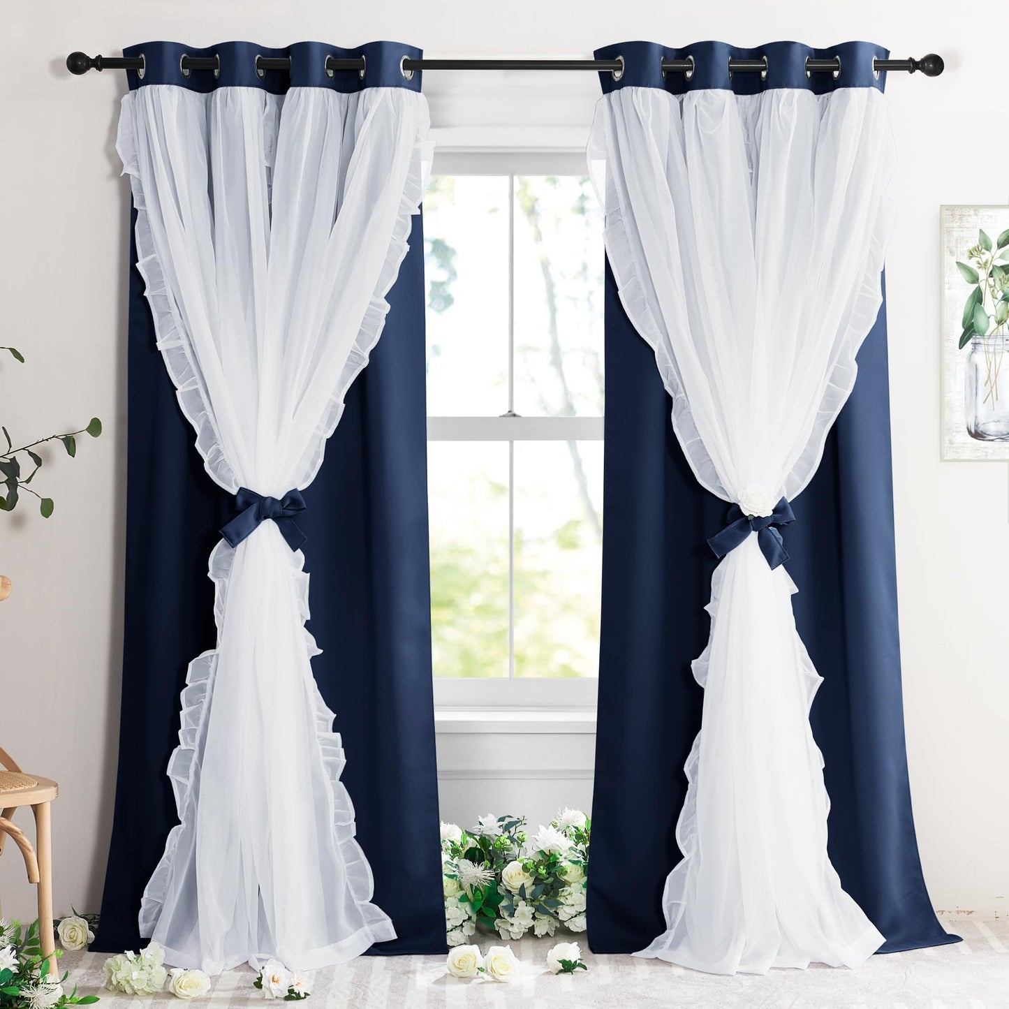 Blackout Window Treatment Double Layer Drapes Ruffle Sheer Overlay 2 Panels