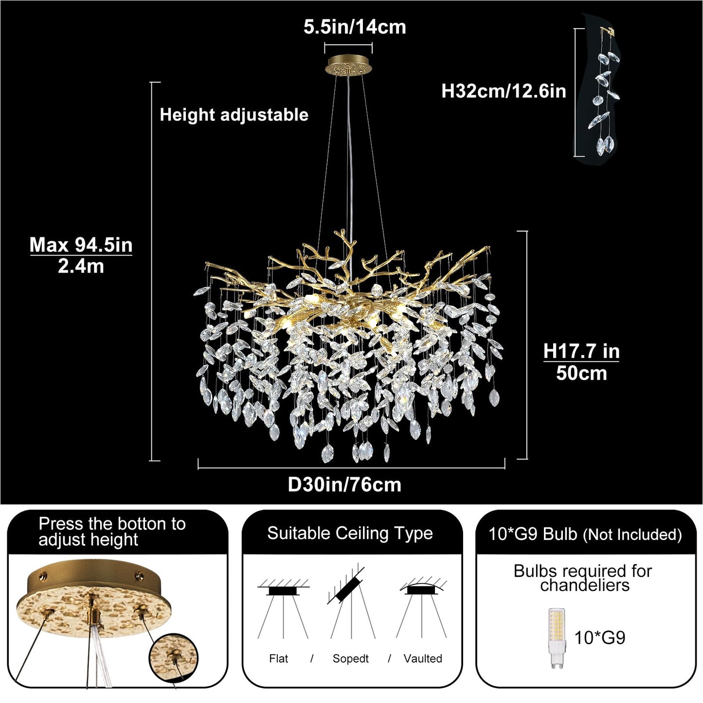 H134'' Modern Crystal Tree Branch Chandelier, Foyer High Ceiling Chandelier