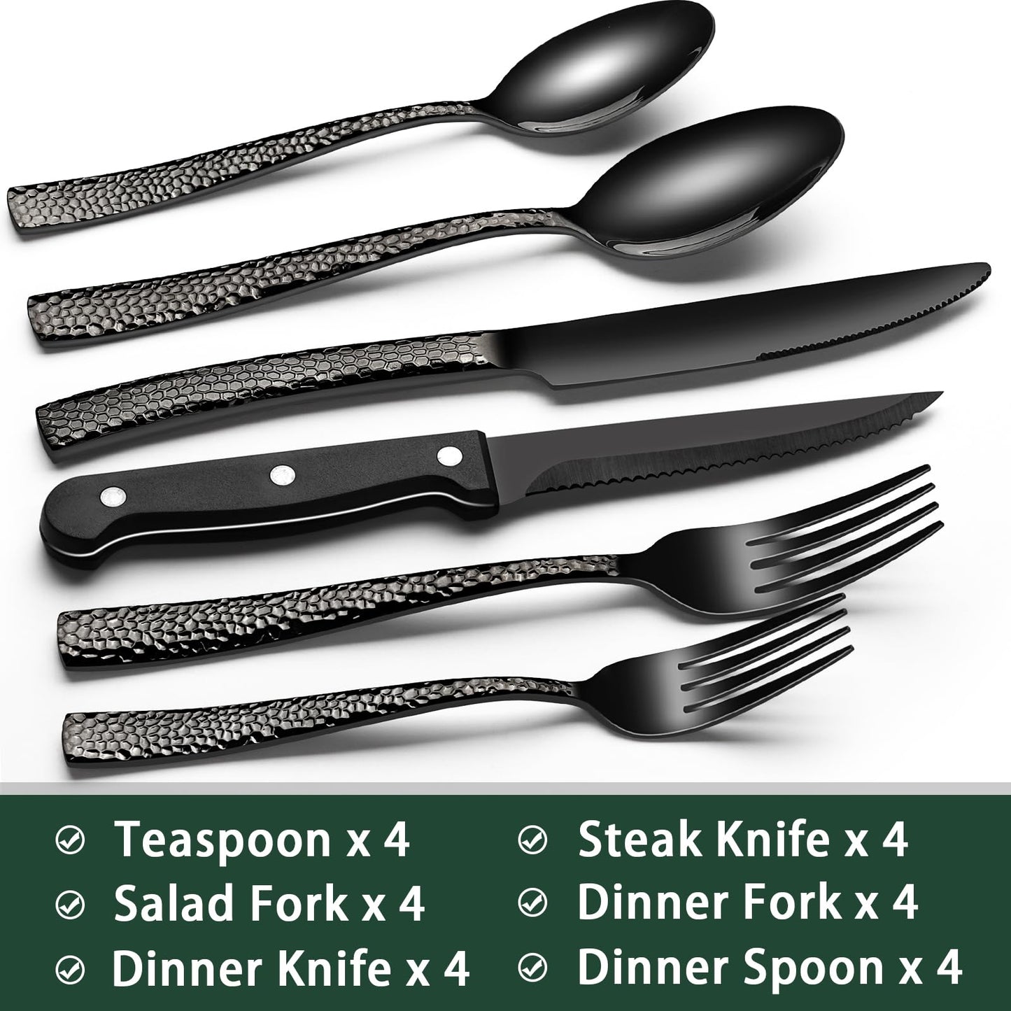 24-Piece Black Silverware Set with Steak Knives, Black Flatware Set for 4