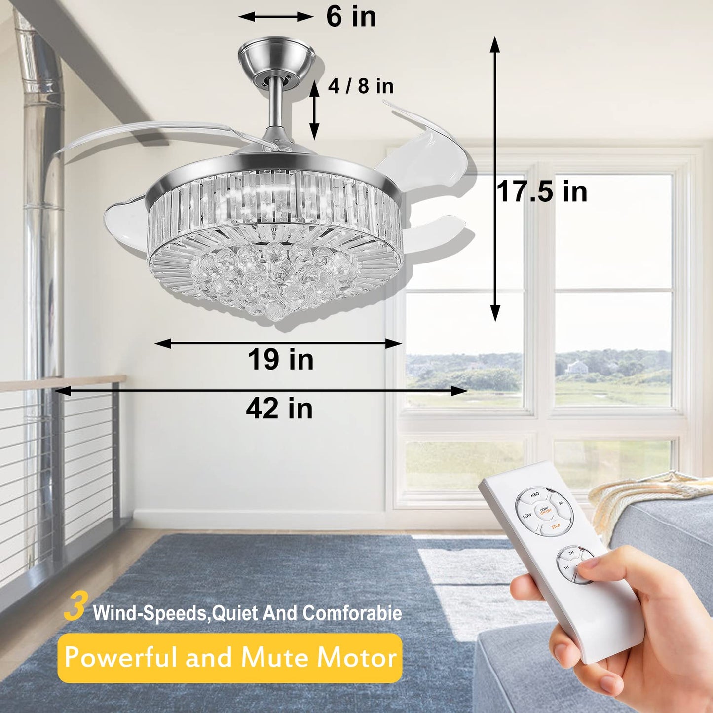 42" Crystal Ceiling Fan with LED Light and Remote Control