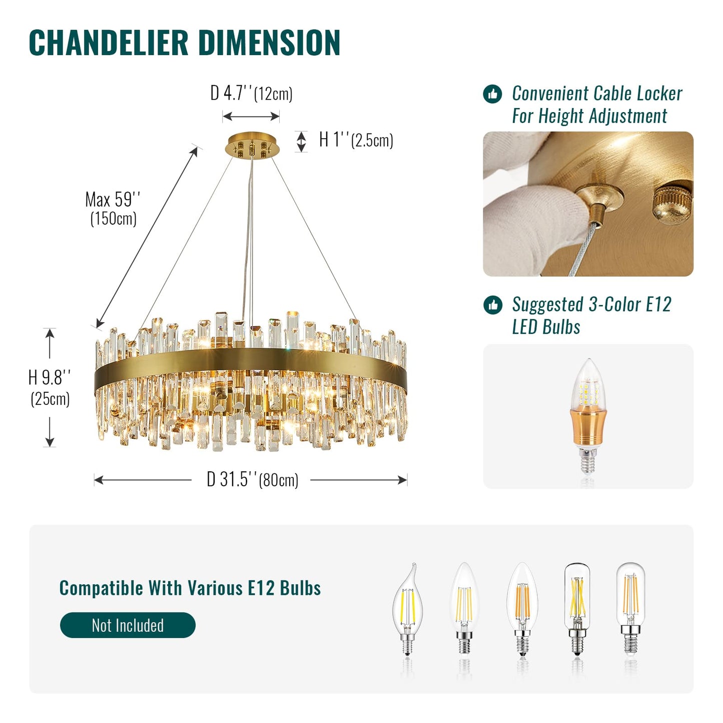 12 Lights Brass Gold Raindrop Crystal Chandelier Lighting, Adjustable Hanging Pendant