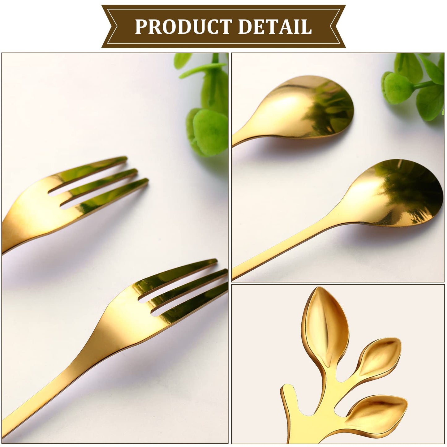 Stainless Steel Leaf Coffee Spoon and Appetizer Fork Tableware (Gold, 40 Pieces)