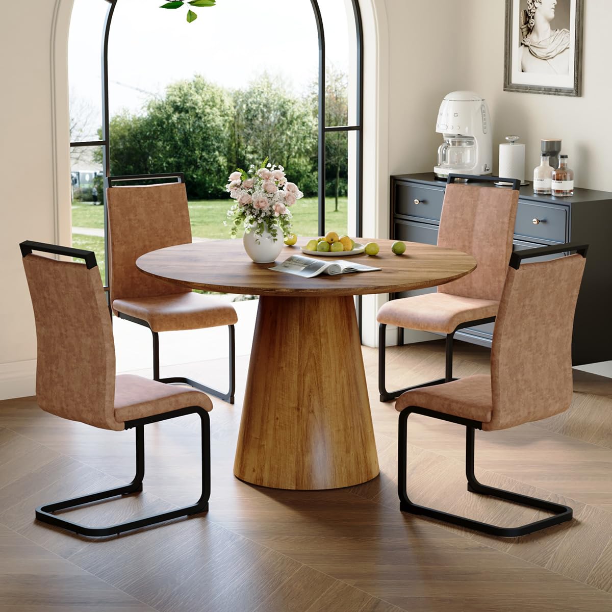 Round Dining Table Set for 6, 45''Round Wooden Dining Set