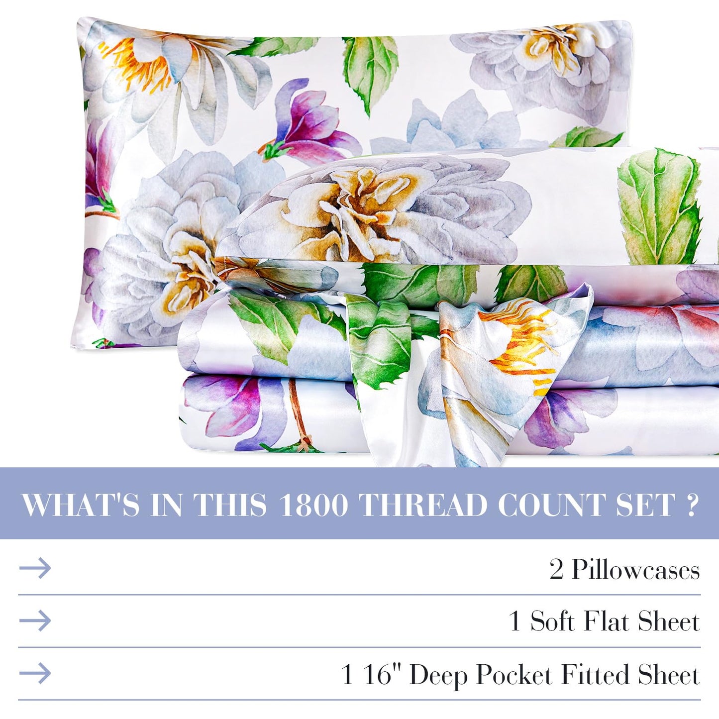 Floral Print - Luxurious Silky Feel Queen Sheet Set - Elegant Smooth Satin Bed Sheets