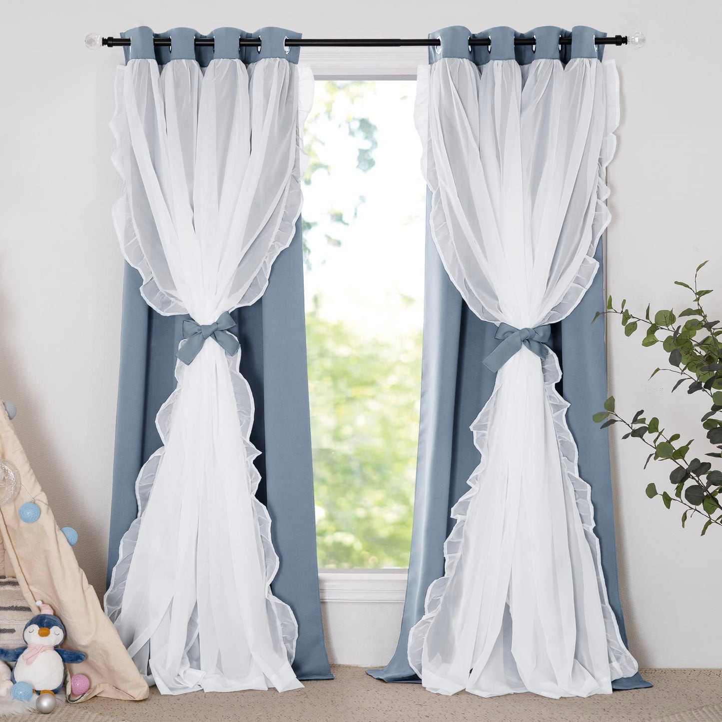 Blackout Window Treatment Double Layer Drapes Ruffle Sheer Overlay 2 Panels