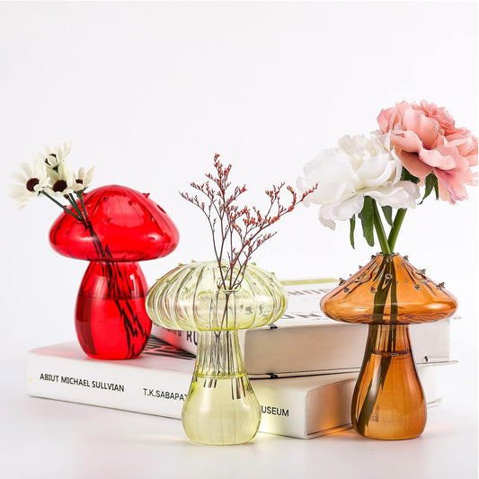 Mushroom Vase (3 Pcs), Glass Plant Flower Pot, Colored Bud Vase