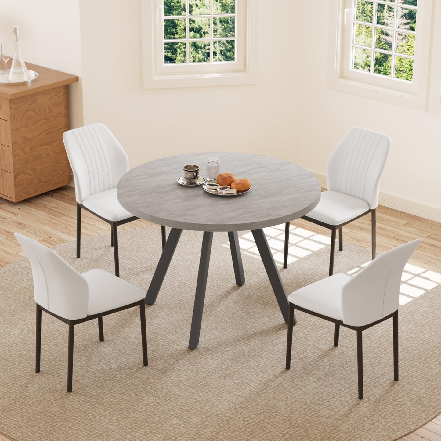 Round Dining Table Set for 4,  (Dining Table + 4 Black Chairs)