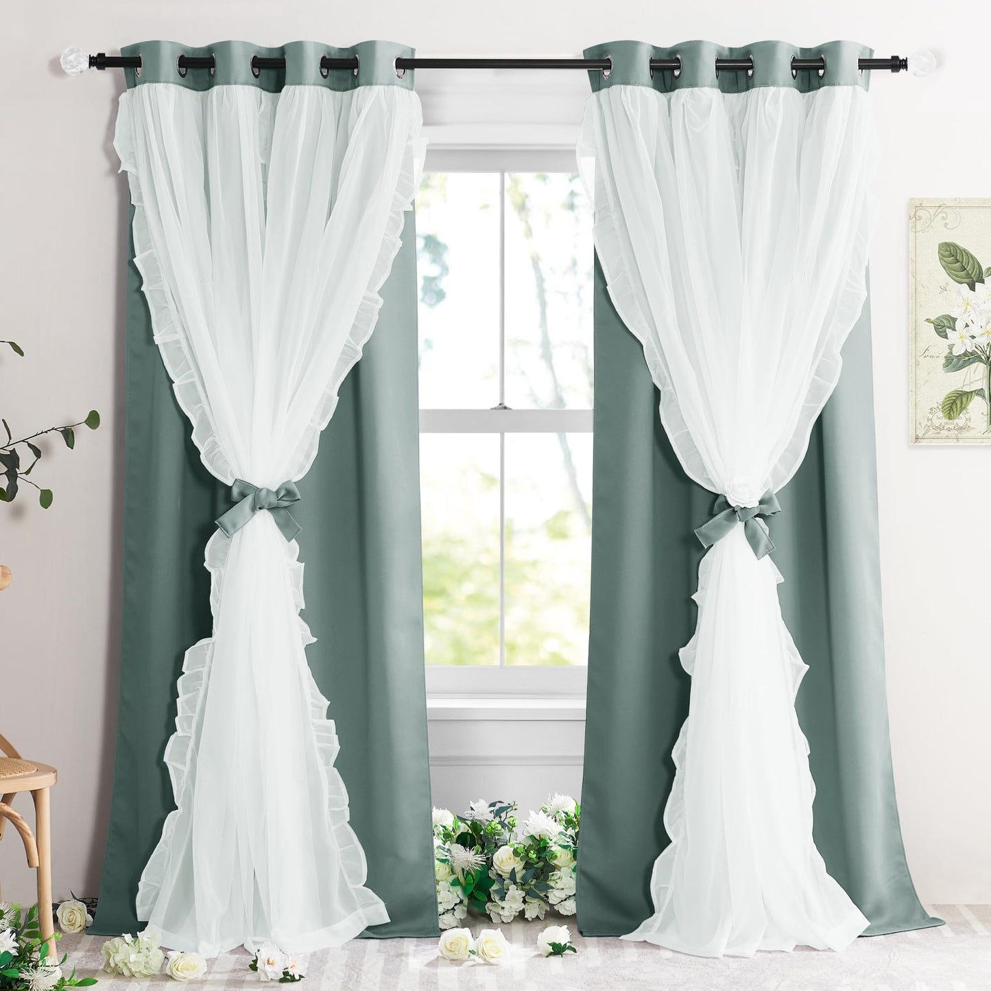 Blackout Window Treatment Double Layer Drapes Ruffle Sheer Overlay 2 Panels