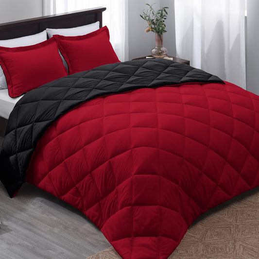 Red and Black Comforter Set Queen Size, Reversible and 2 Pillow Shams