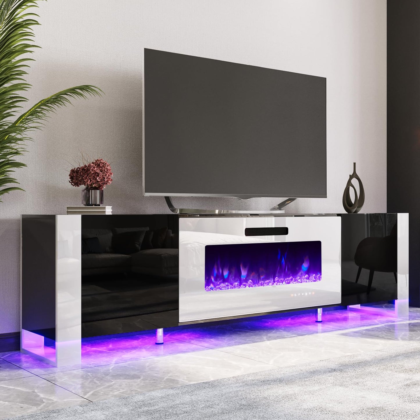 Fireplace TV Stand with 36" Fireplace, 70" Modern High Gloss Entertainment Center