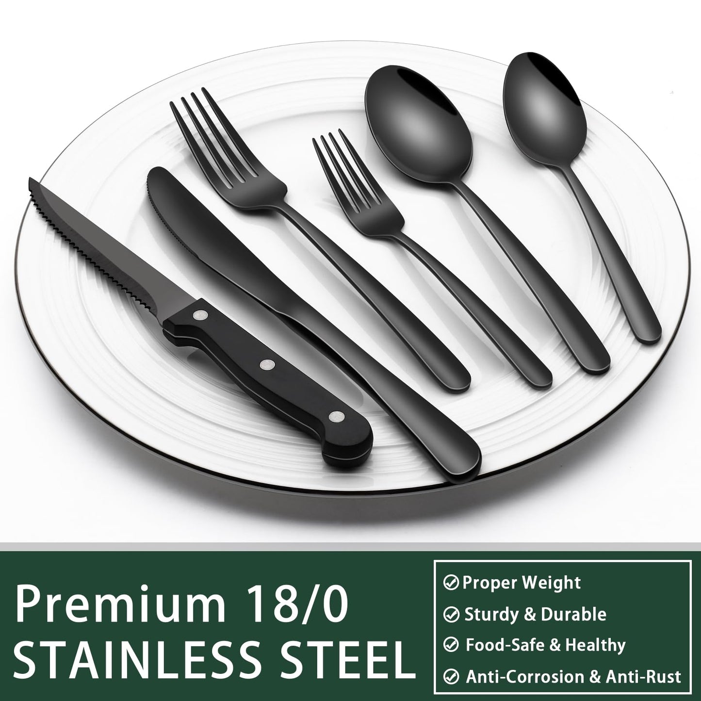 24-Piece Black Silverware Set with Steak Knives, Black Flatware Set for 4