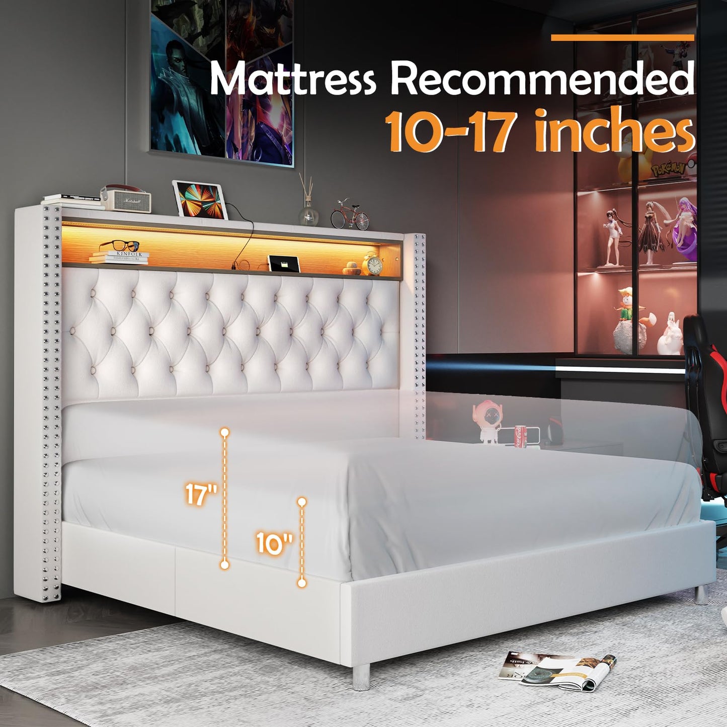 LED King Size Bed Frame and Headboard with Charging Station Velvet Upholstered