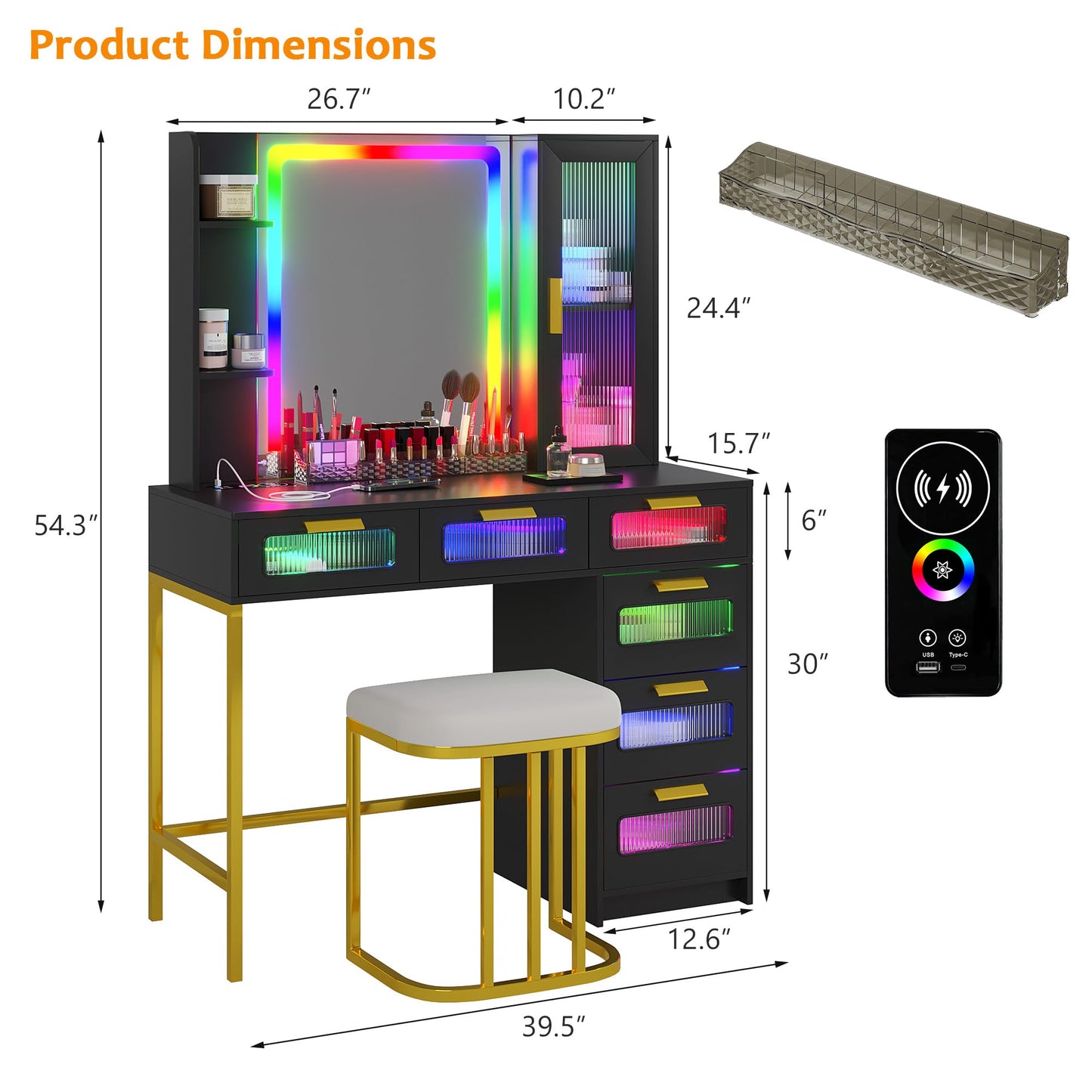 RGB LED Vanity Desk with Mirror and Lights, 39.5" Black Makeup Vanity Table