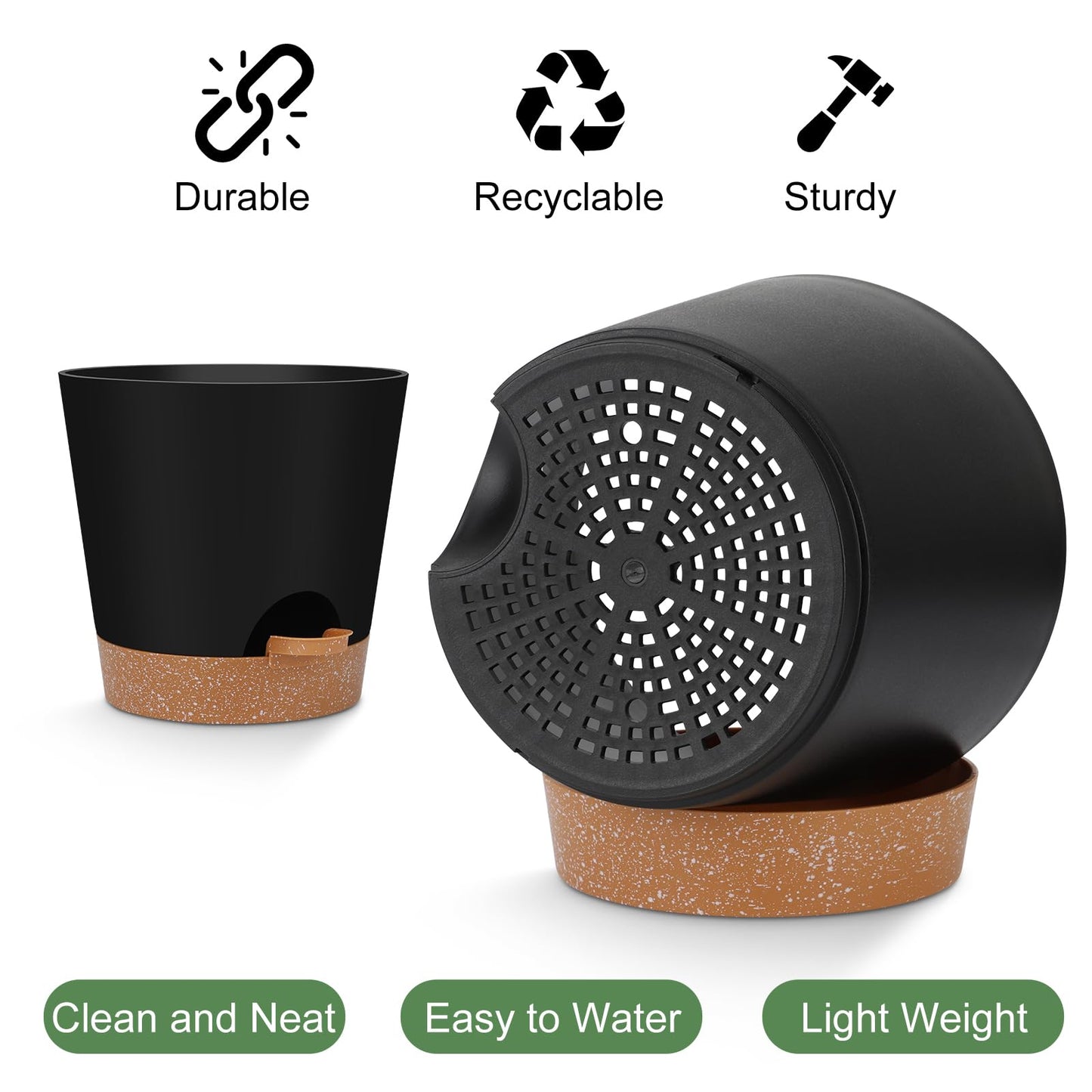 Indoor Self Watering Planters with Drainage Holes and Saucers, Black, 6 Pots