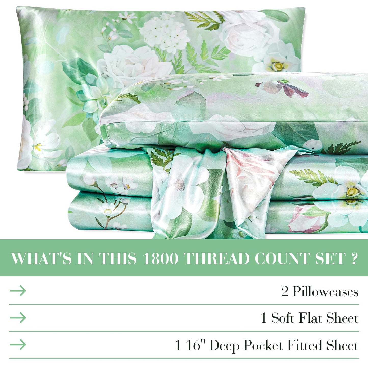 Floral Print - Luxurious Silky Feel Queen Sheet Set - Elegant Smooth Satin Bed Sheets