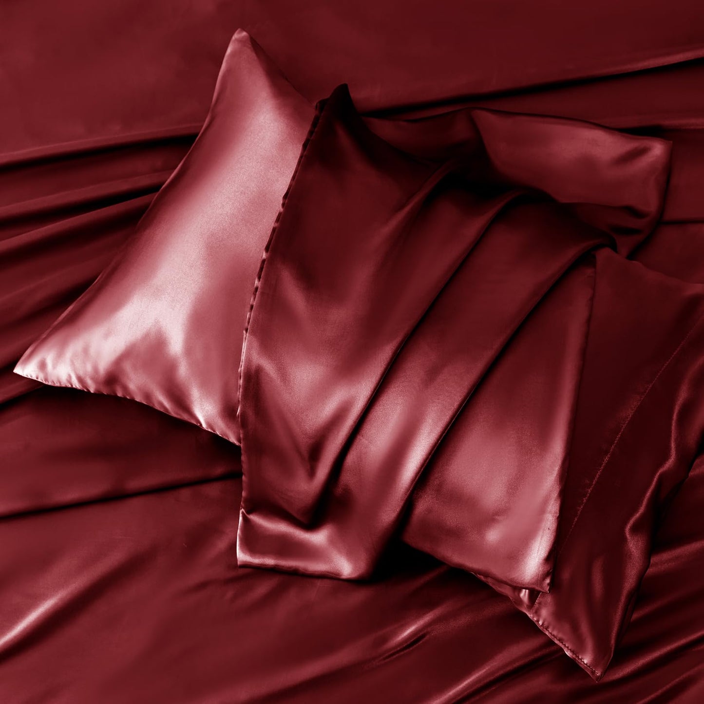 4 Piece Burgundy Bed Sheet Set with Silky Microfiber, 1 Deep Pocket Fitted Sheet