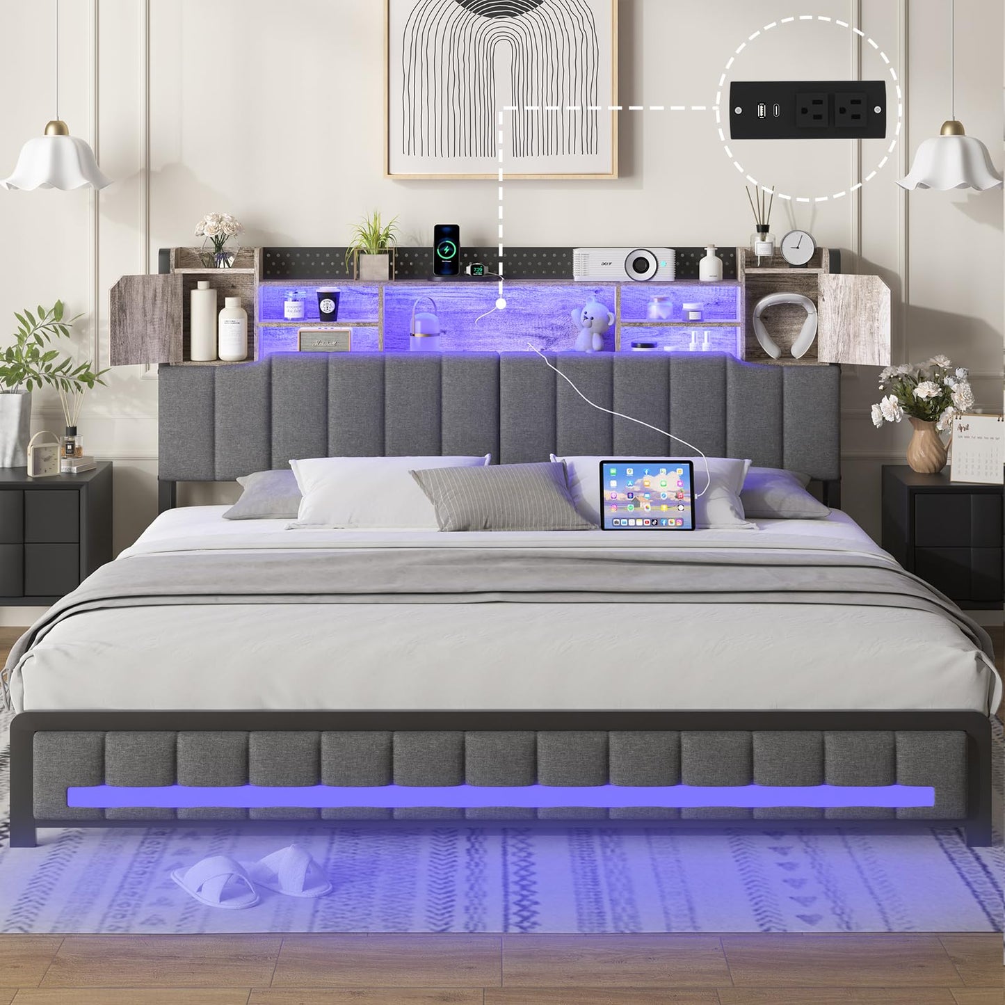 King LED Upholstered Metal Bed Frame with Storage Headboard