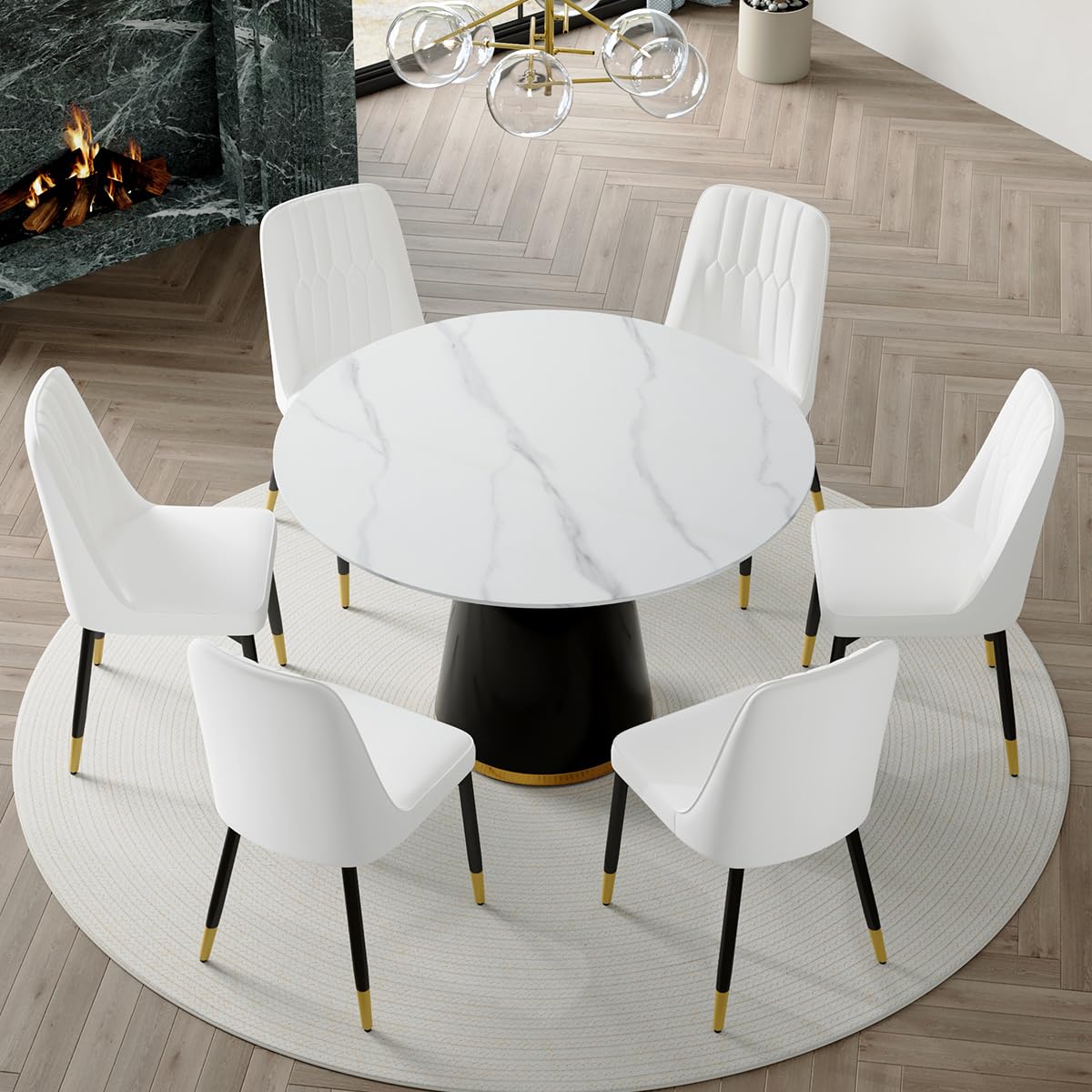 Round Dining Table Set for 6, 45''Round Wooden Dining Set