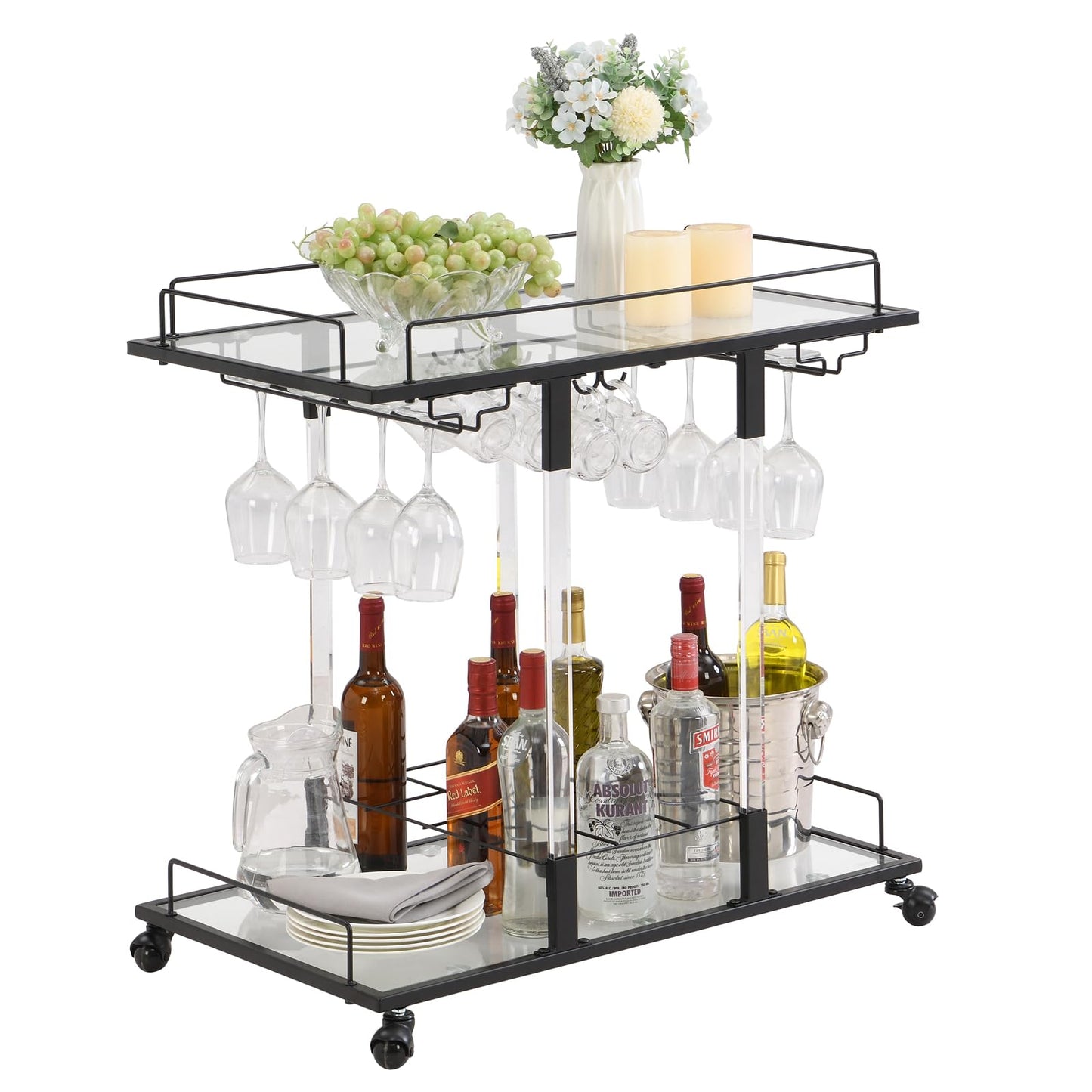 Silver Bar Cart Home Bar Serving Cart with Wine Rack 2-Tier Acrylic