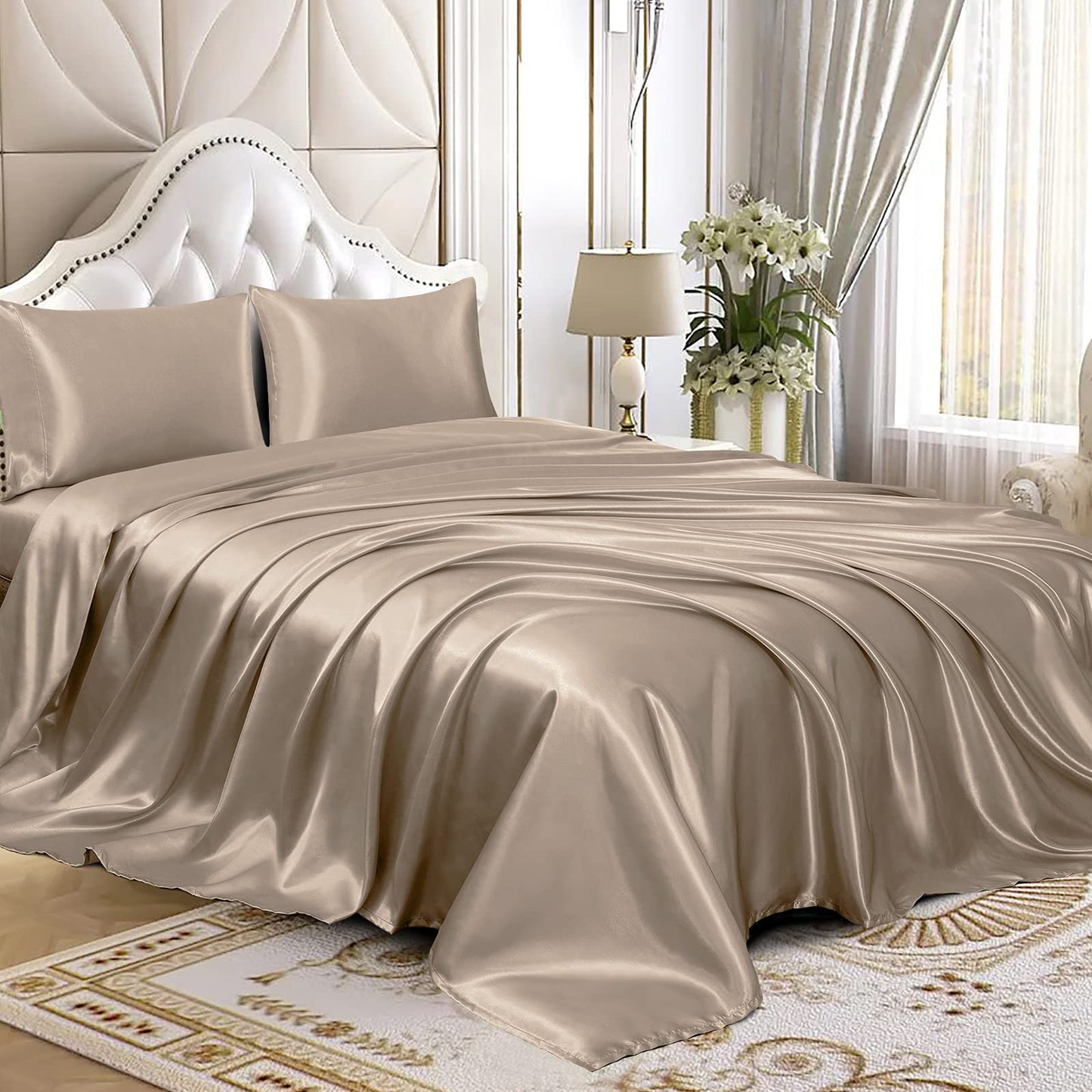 4pcs Satin Sheets Set Luxury Silky Satin Bedding Set with Deep Pocket