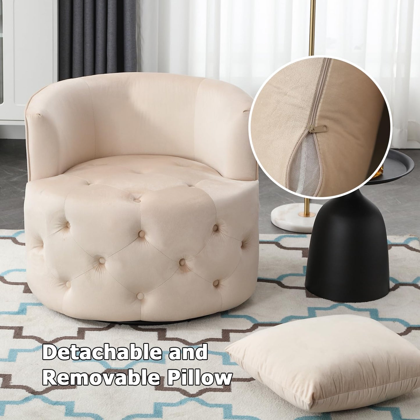 Swivel Barrel Chair with Velvet Fabric with Plump Pillow