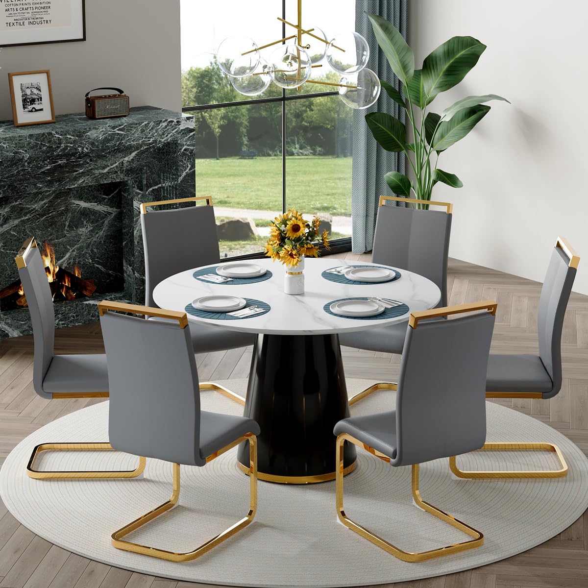 Round Dining Table Set for 6, 45''Round Wooden Dining Set