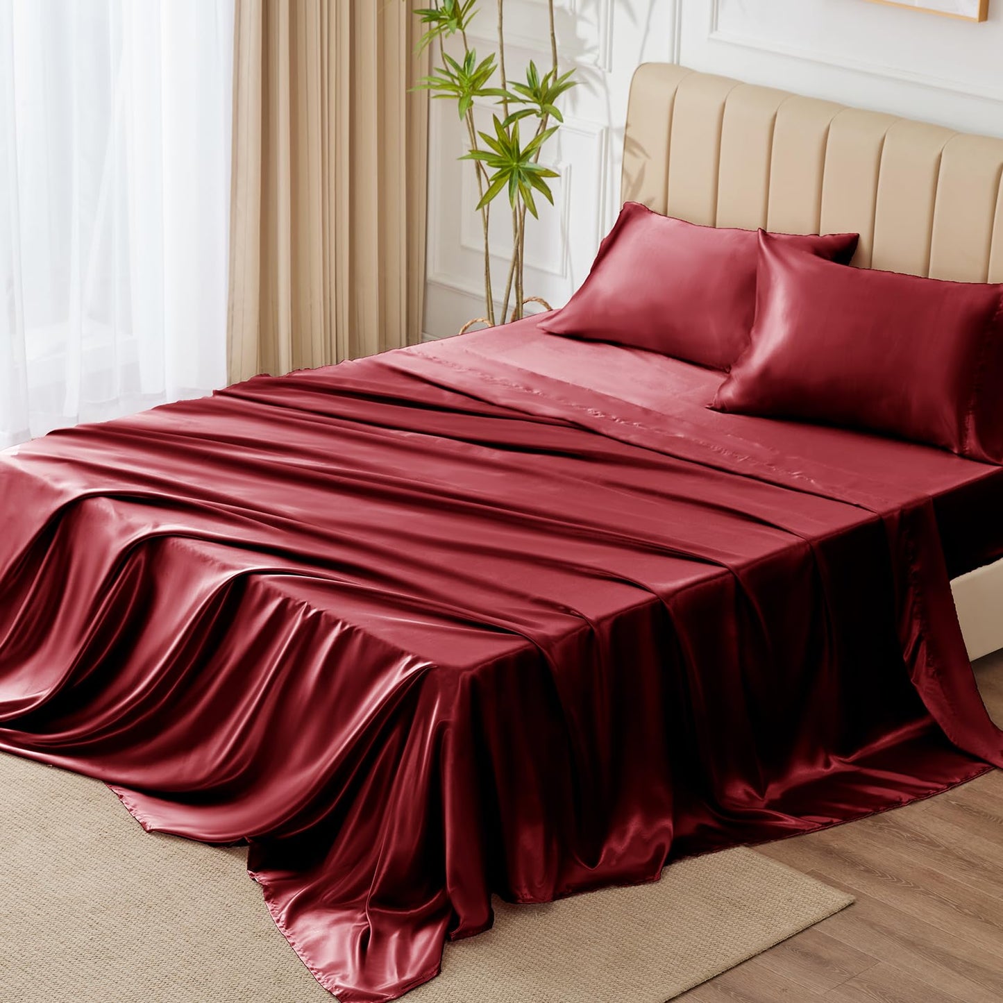 4 Piece Burgundy Bed Sheet Set with Silky Microfiber, 1 Deep Pocket Fitted Sheet