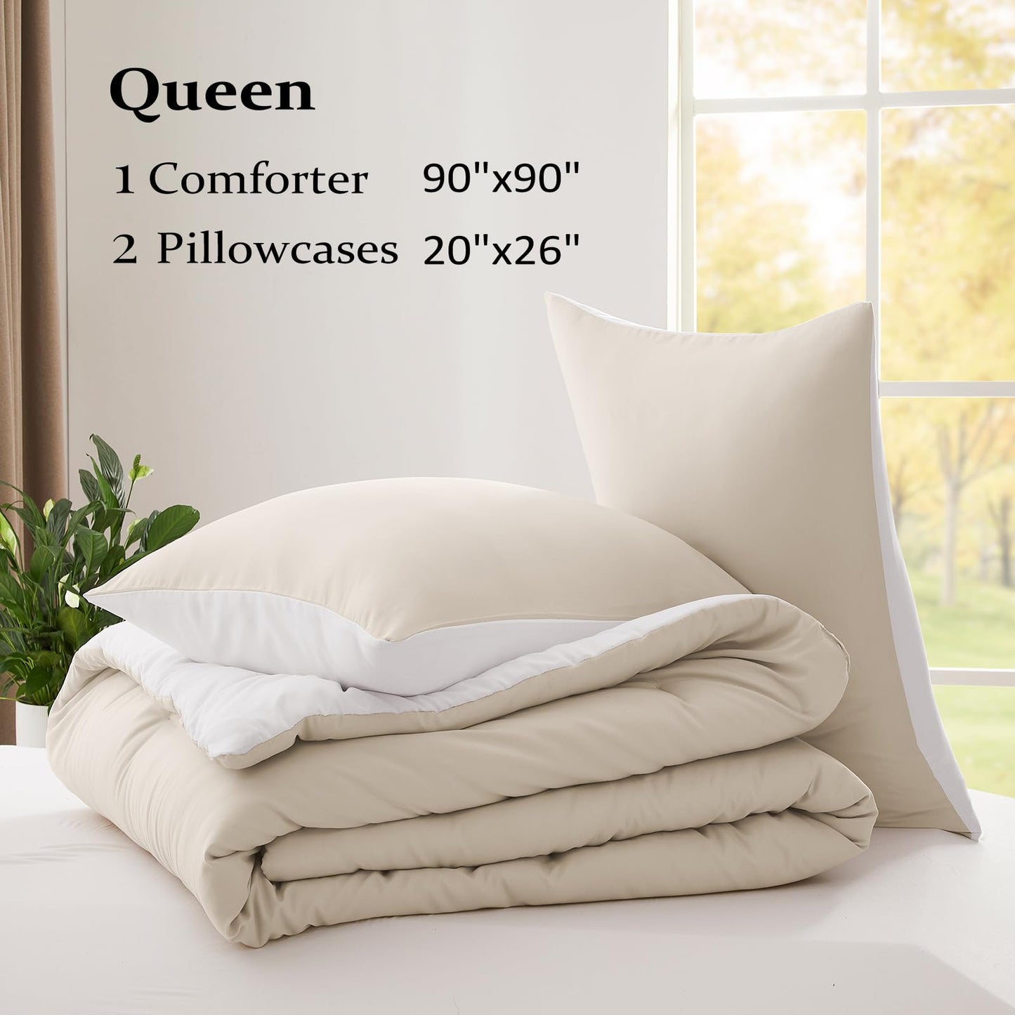 Lightweight Beige Comforter Set Queen Size, Fluffy Comforters