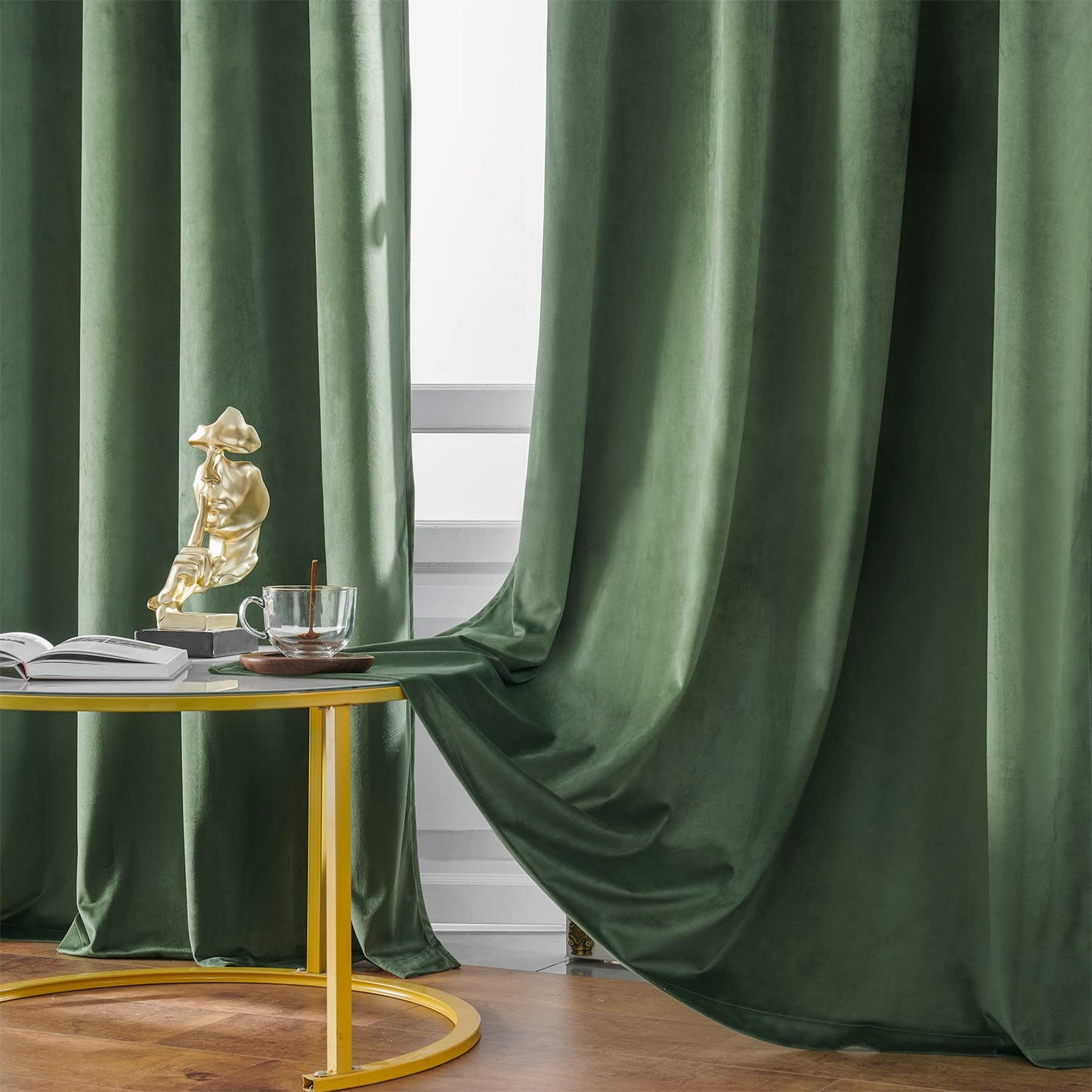 Green Velvet Blackout 90 Inch Curtains, Sage Green, 2 Panels