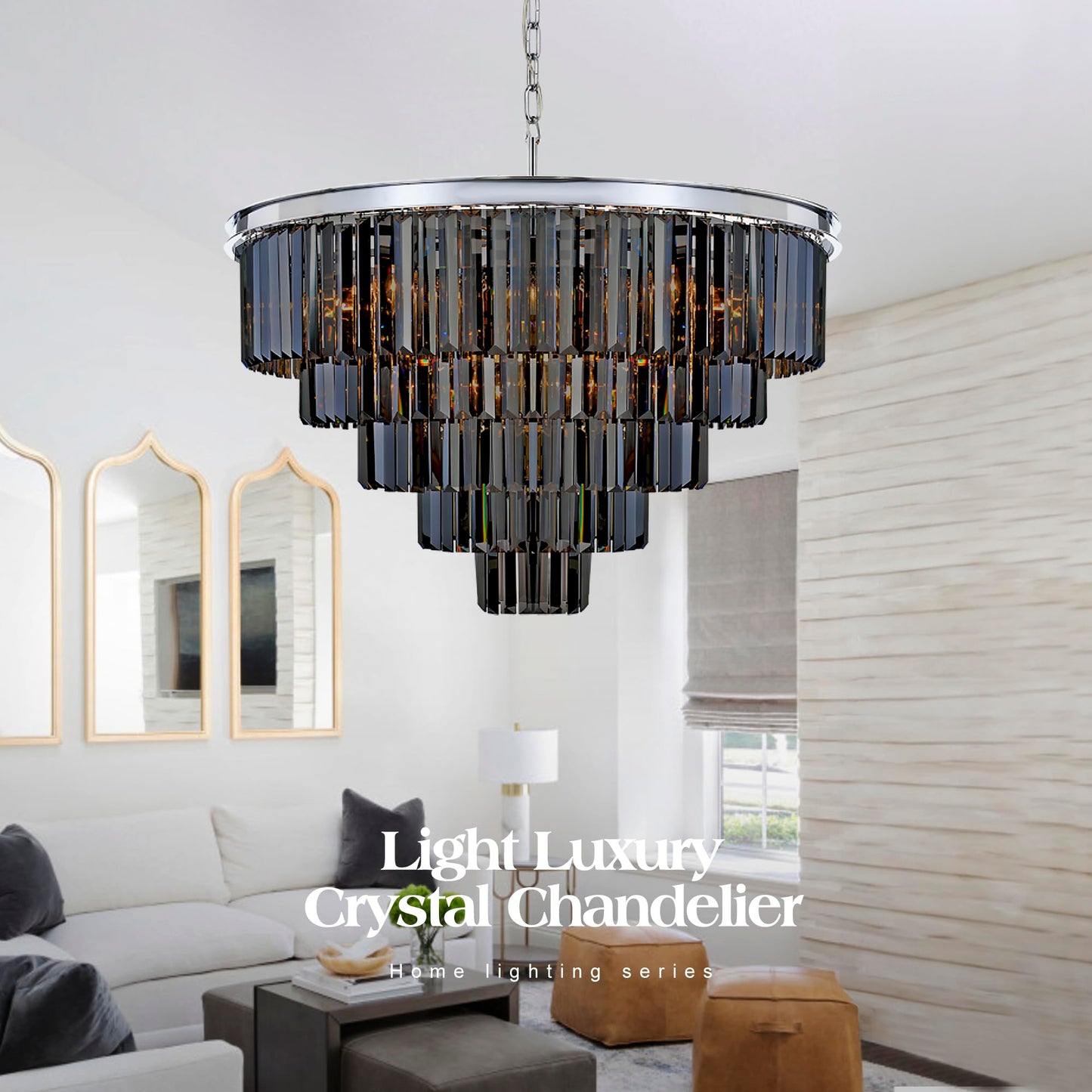 Luxury Smoke Crystal Chrome Chandelier, 8 Lights Pendant