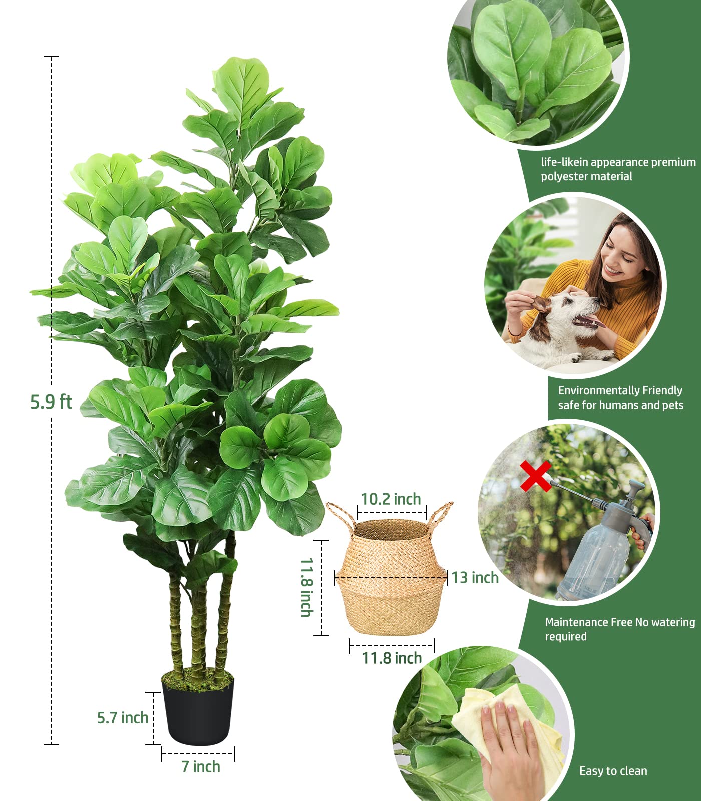 6ft  Artificial Fiddle Leaf Fig Tree Fake Tree Faux Plant