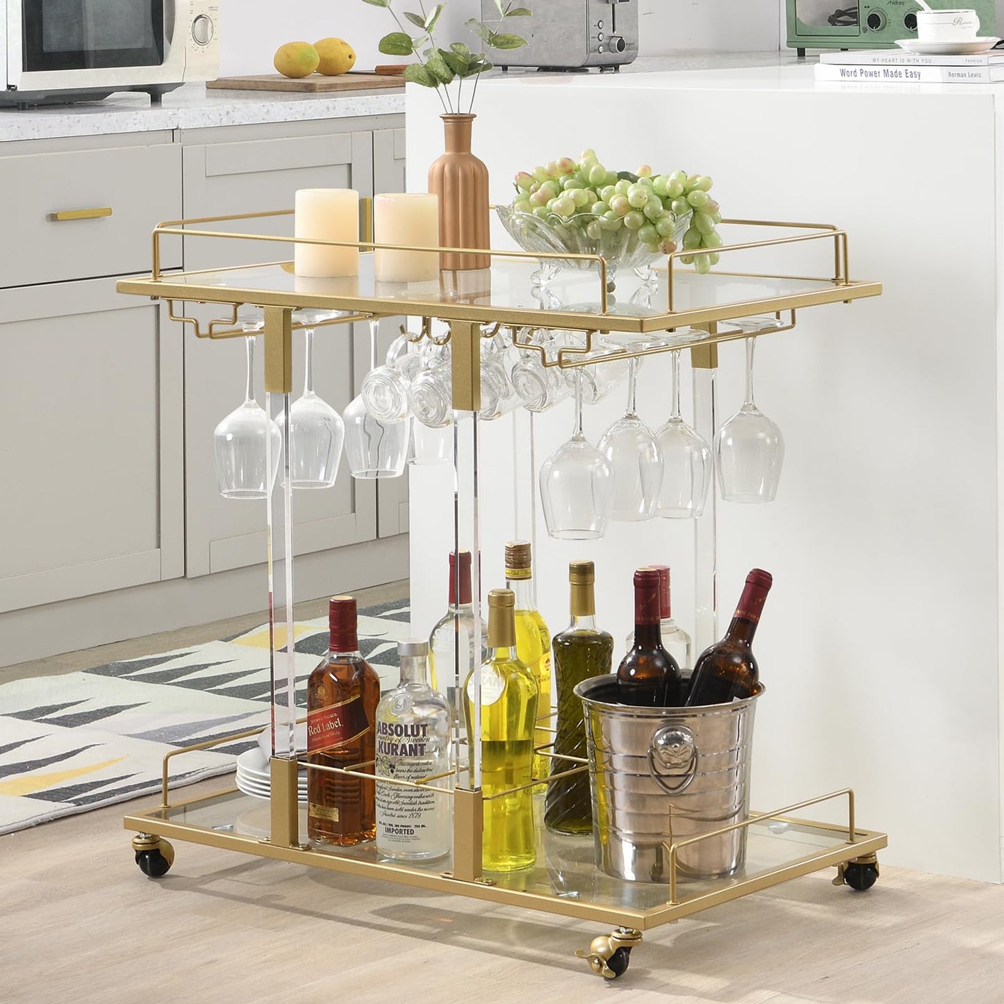 Silver Bar Cart Home Bar Serving Cart with Wine Rack 2-Tier Acrylic