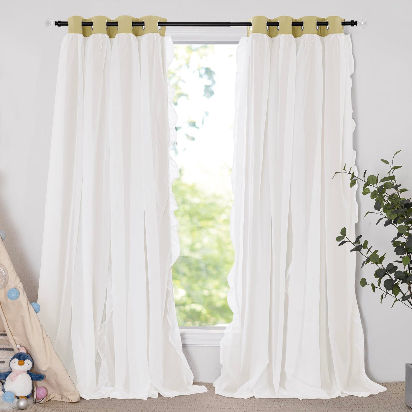 Blackout Window Treatment Double Layer Drapes Ruffle Sheer Overlay 2 Panels