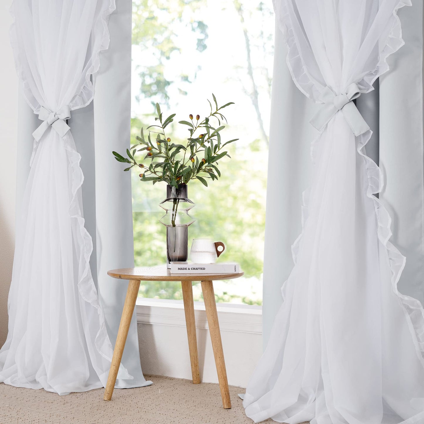 Blackout Window Treatment Double Layer Drapes Ruffle Sheer Overlay 2 Panels