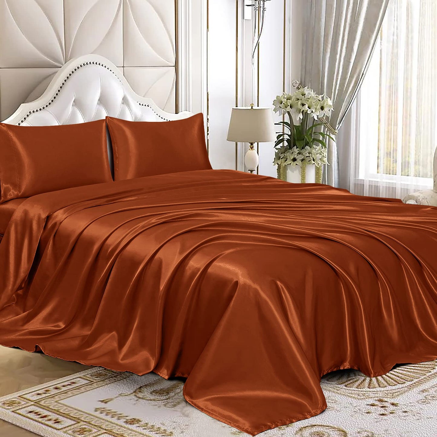 4pcs Satin Sheets Set Luxury Silky Satin Bedding Set with Deep Pocket