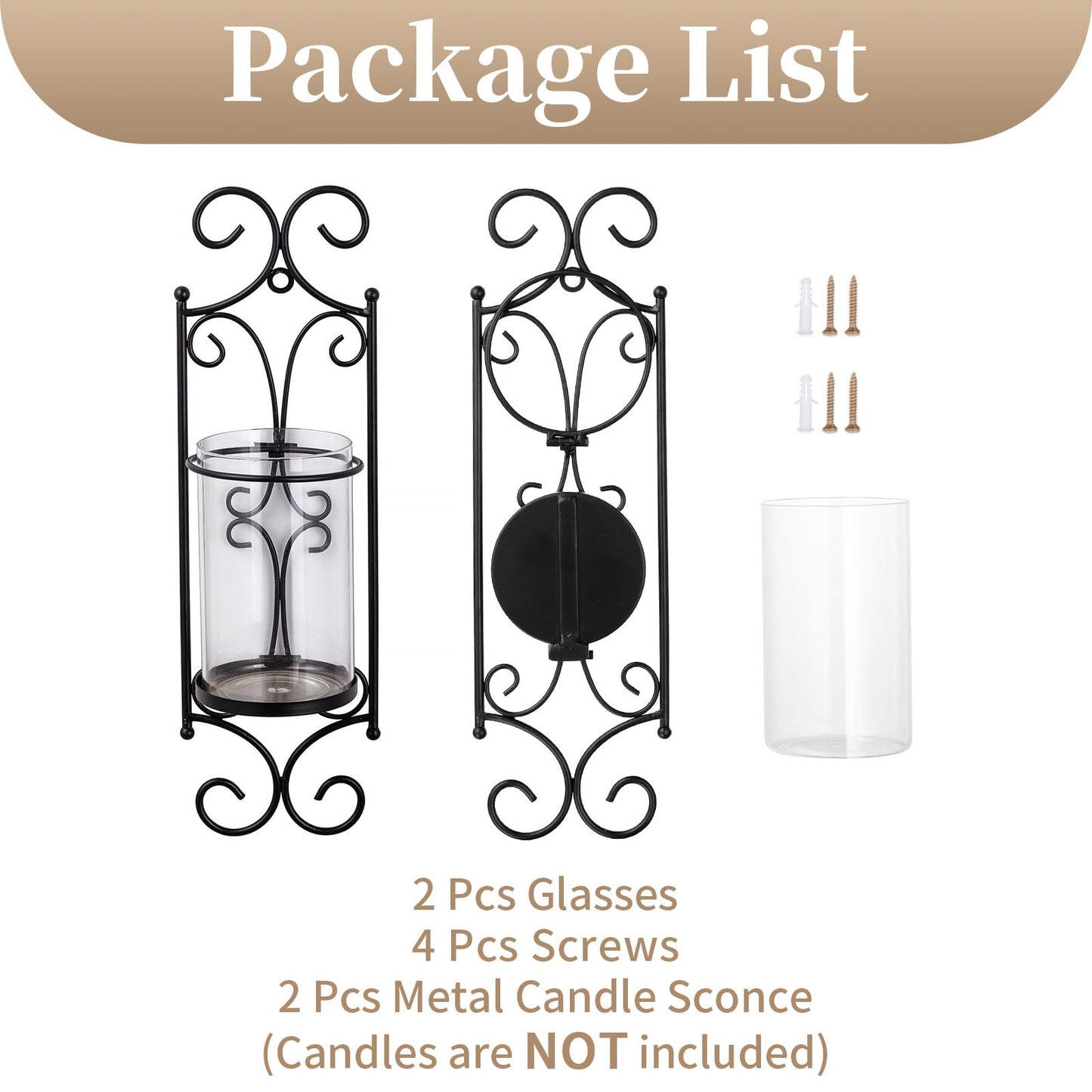 Candle Sconces Wall Decor - Set of 2 Black Candle Holders for Pillar