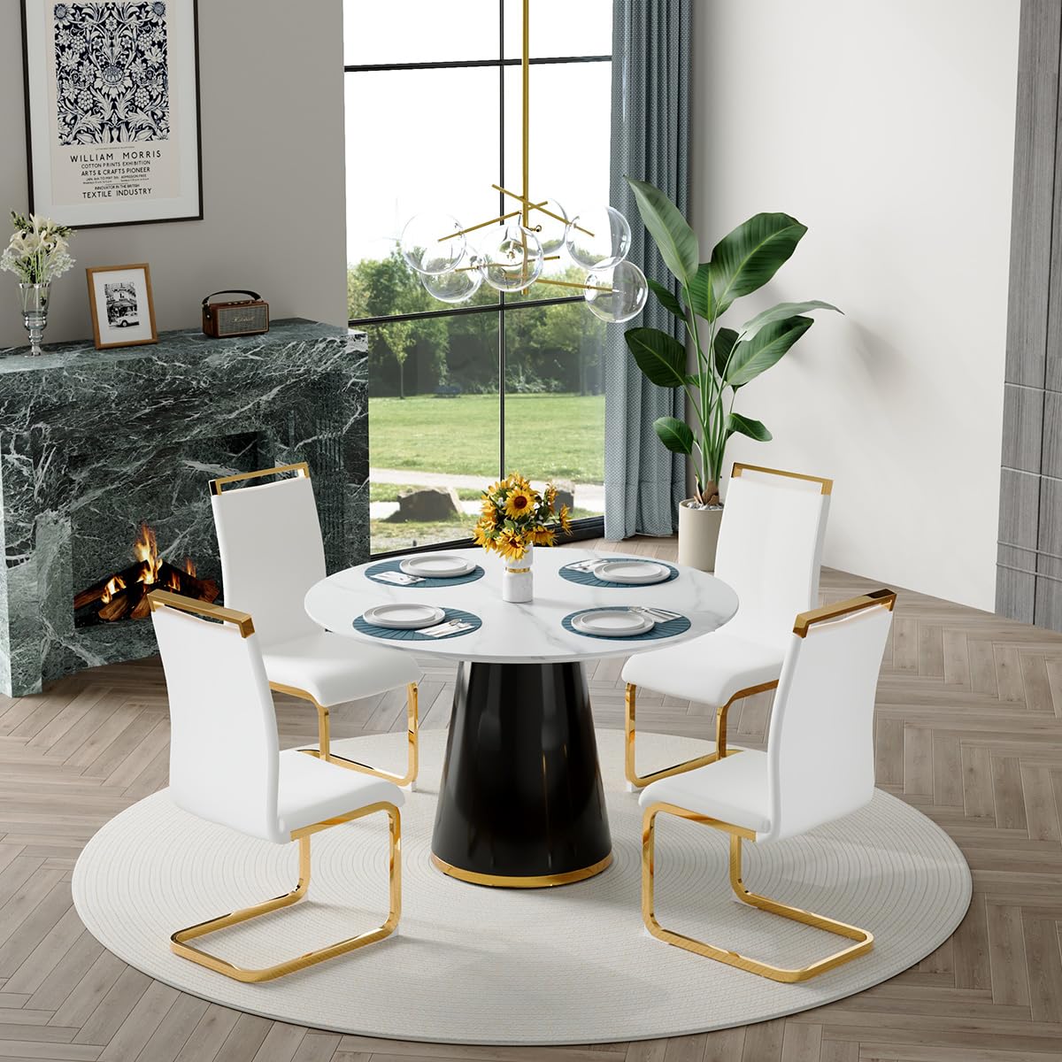 Round Dining Table Set for 6, 45''Round Wooden Dining Set