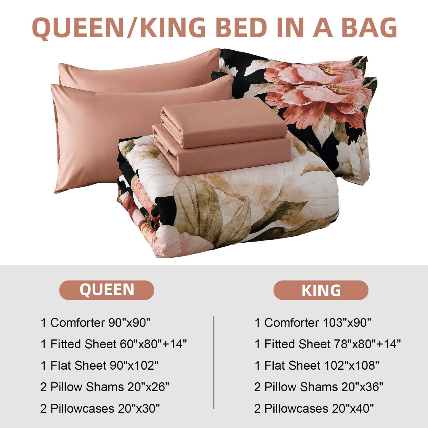 Black Queen Comforter Set 7 Piece Bed in a Bag, Pink Floral Printed