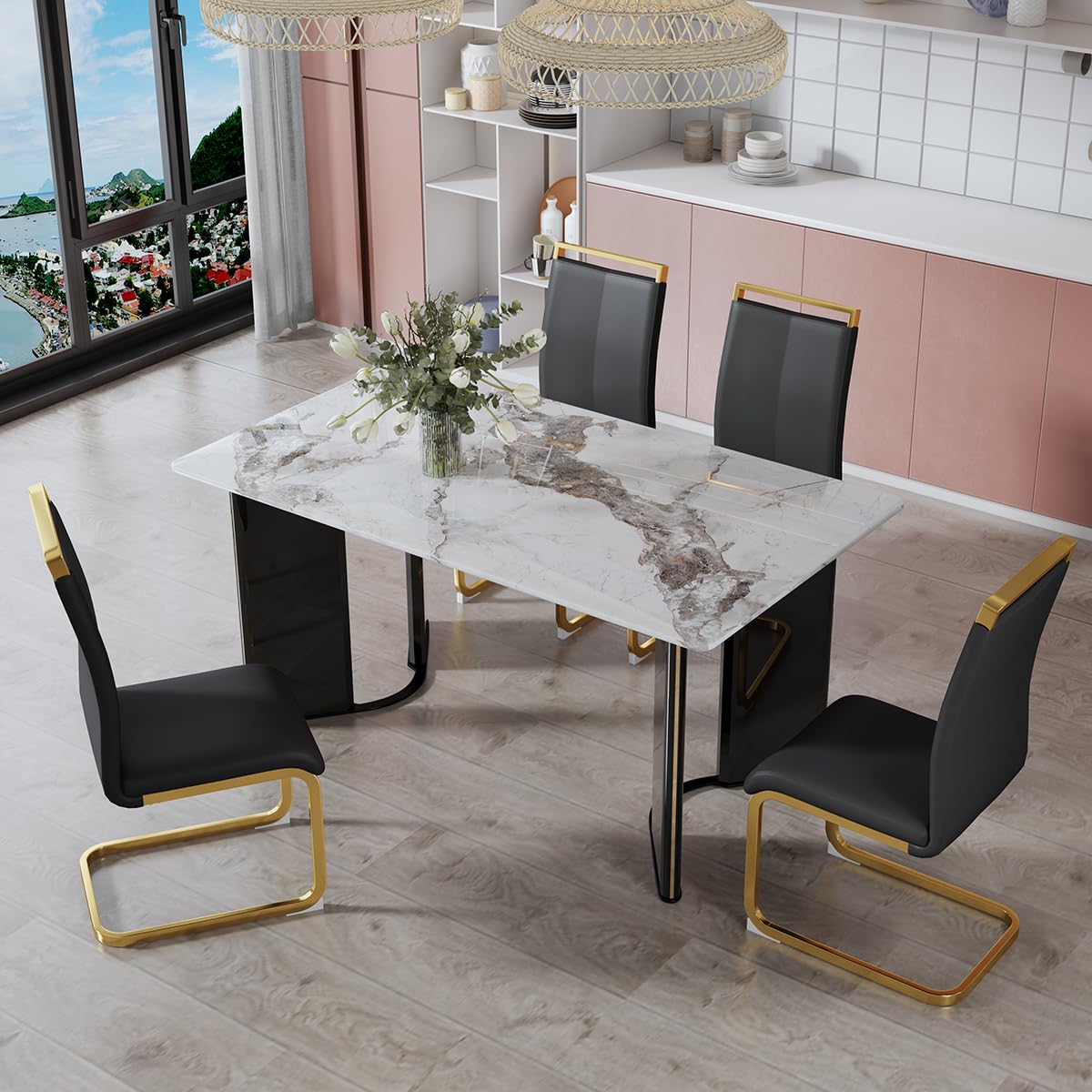 Dining Table Set for 6, White Faux Marble Pattern Table with 6 Modern Dining Chairs